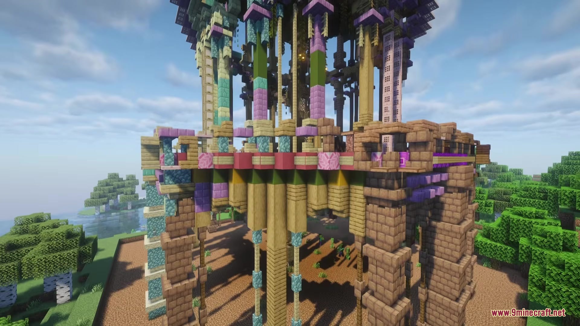 A tall colorful tower from Much More Dungeons mod in a forest