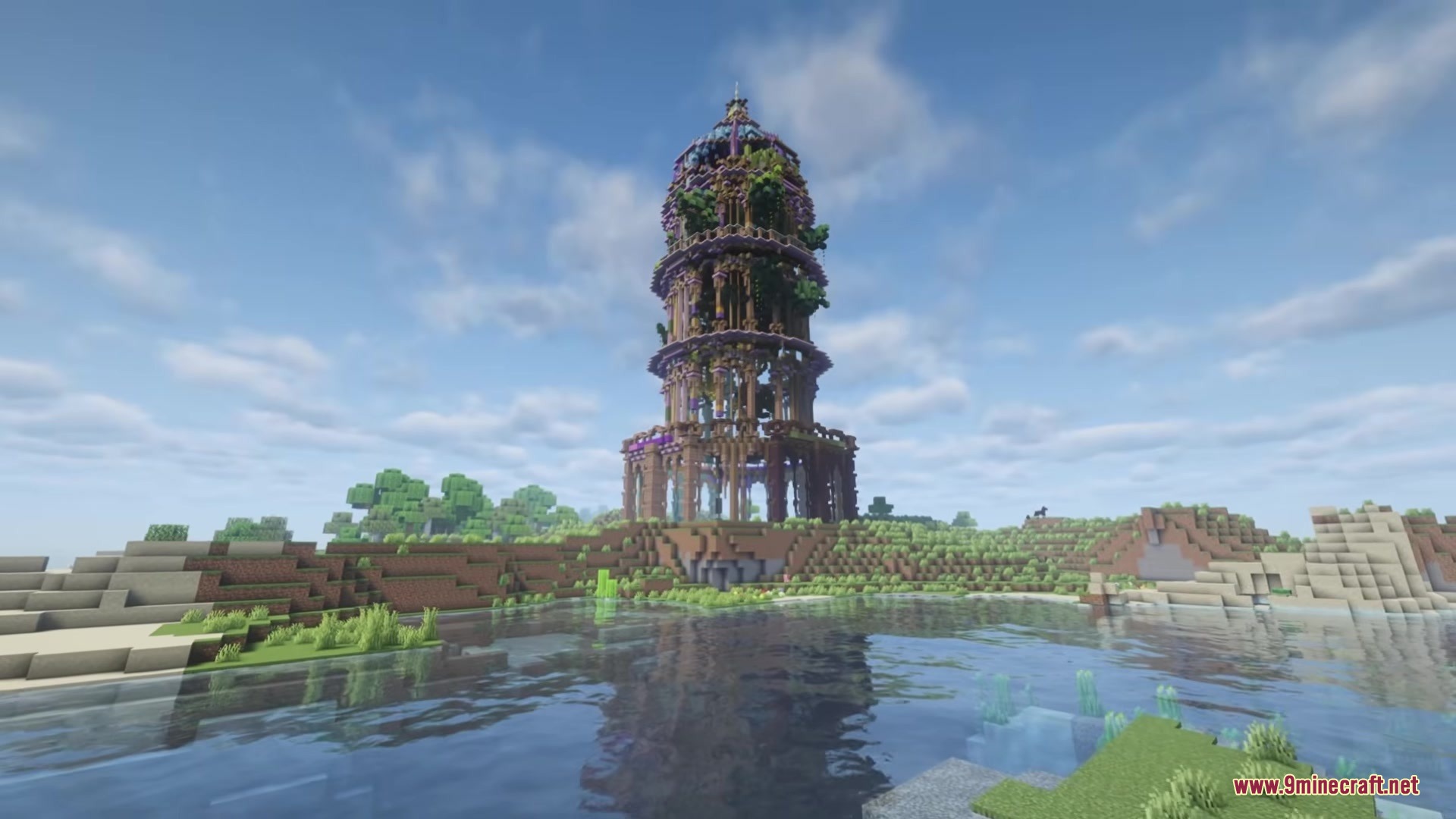 A tall ornate tower dungeon structure stands on a hill near the water