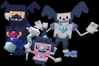 Mundial Mons Reani Pack Data Pack Screenshot 1 Three blocky Pokemon models of Galarian Mr Mime and Mr Rime posing together