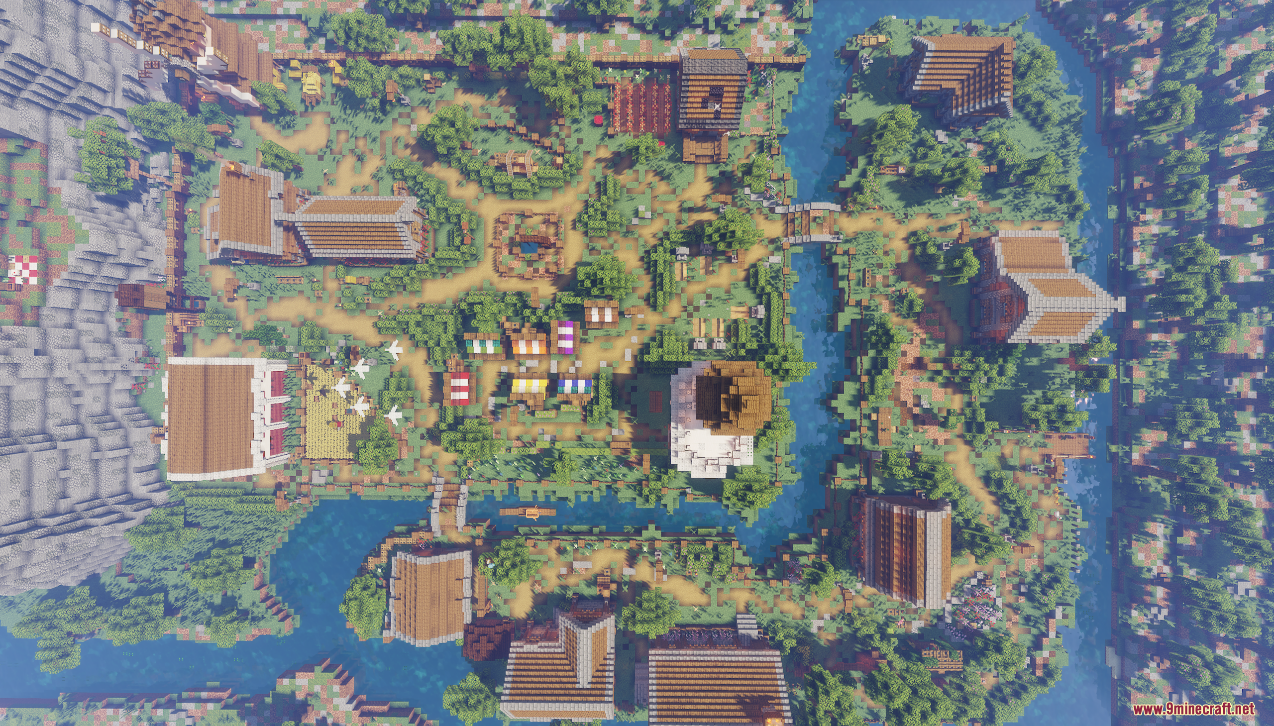 Murder Mystery Just Village Map Screenshot 10 Aerial view of the Just Village Map showing the layout and surrounding water