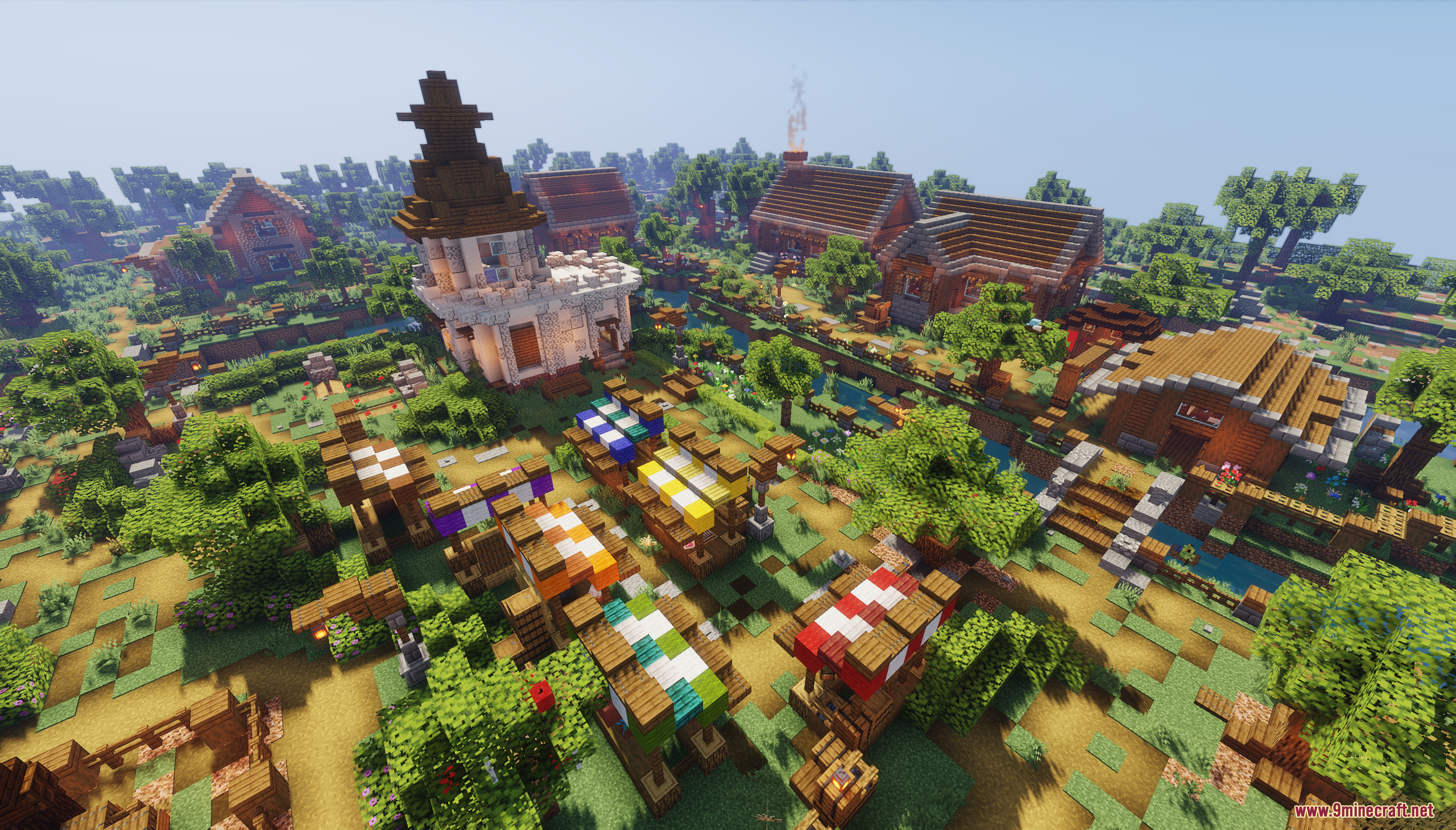 Murder Mystery Just Village Map Screenshot 2 An aerial view of a Minecraft village with a market and stone tower