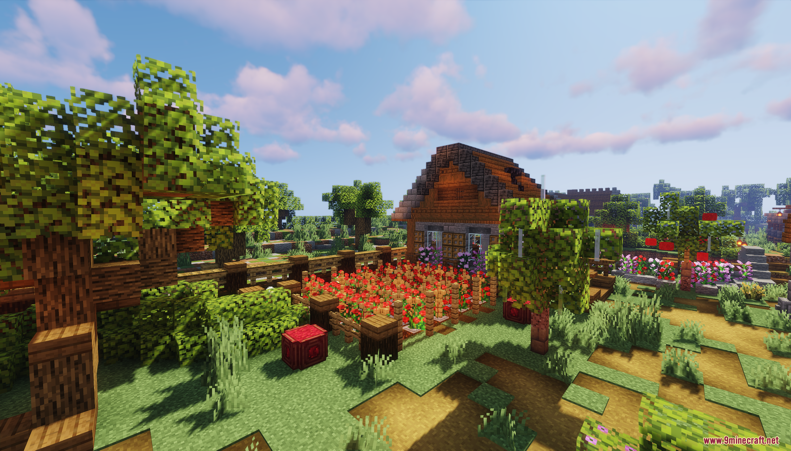 Murder Mystery Just Village Map Screenshot 3 A cozy wooden house with a red flower garden surrounded by green trees