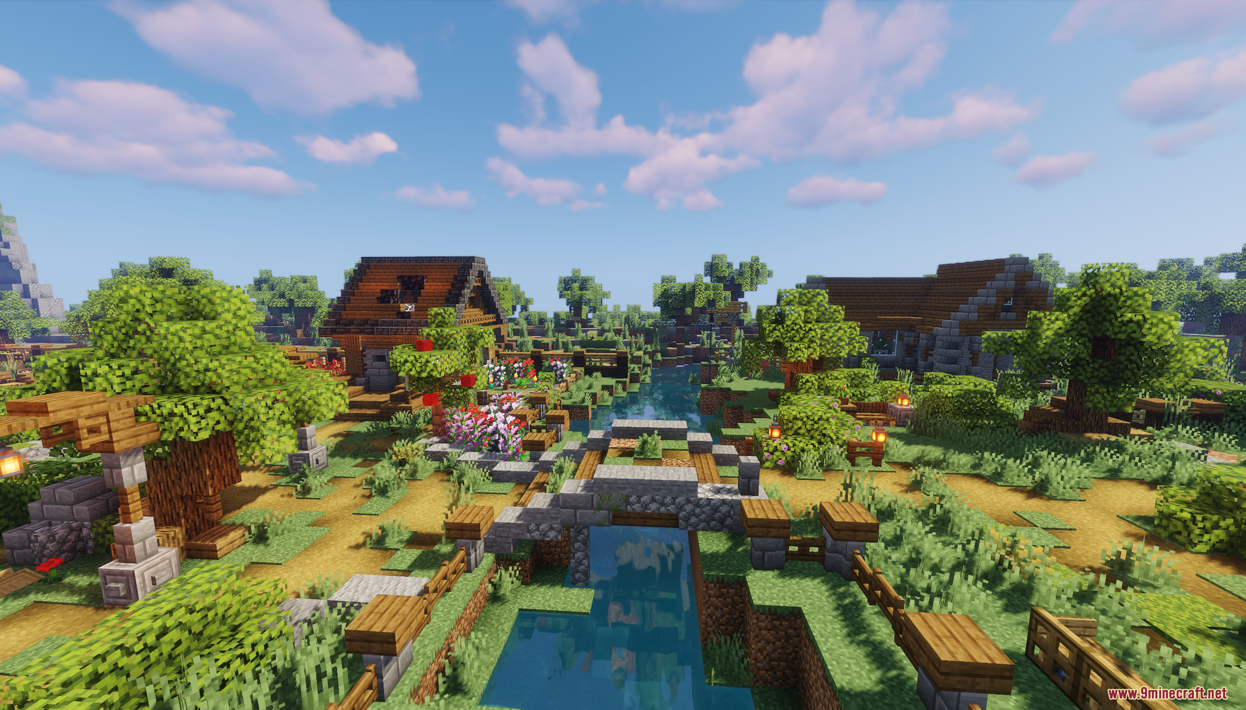 Murder Mystery Just Village Map Screenshot 6 A stone bridge crosses a river in a lush Minecraft village landscape