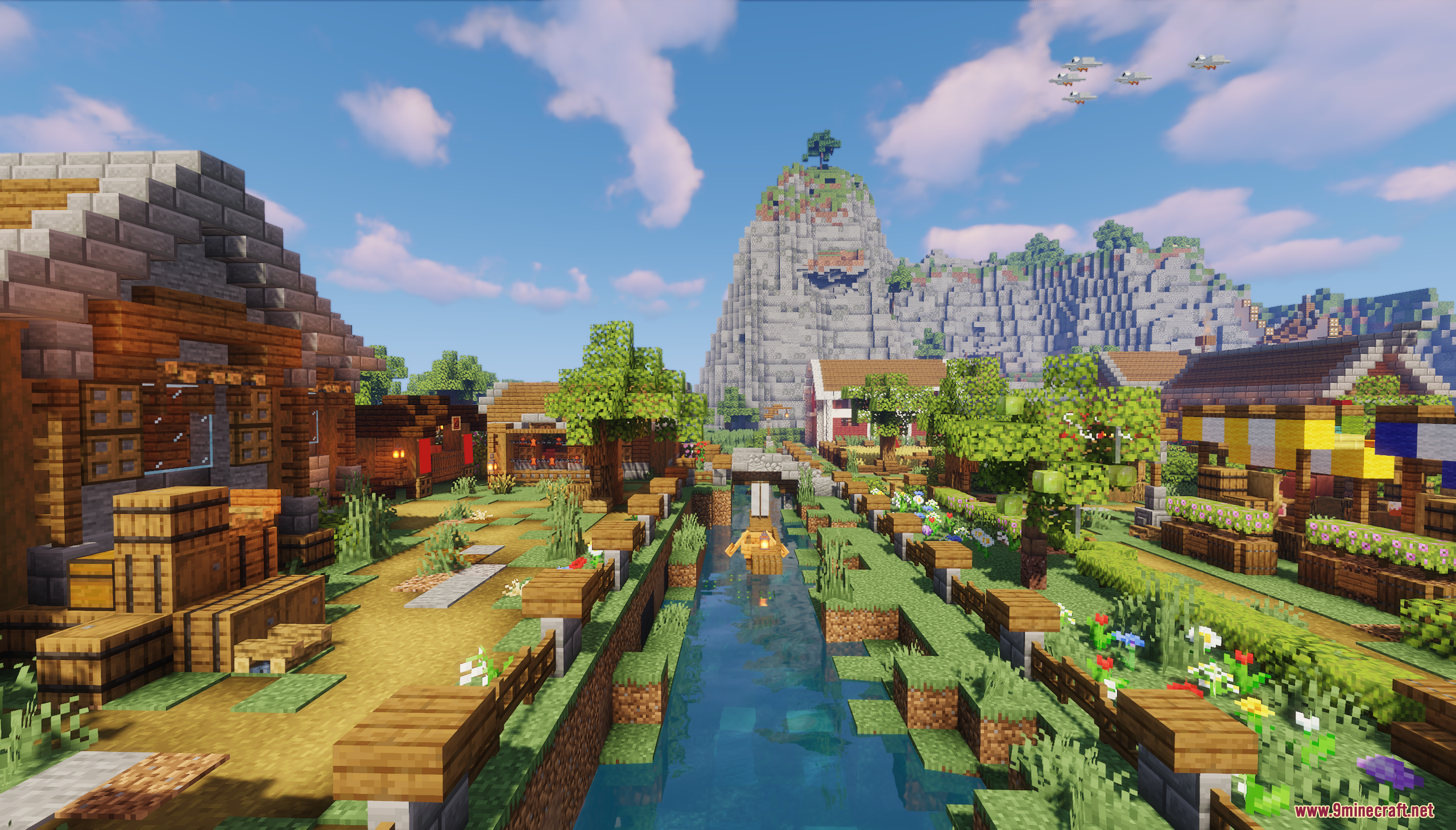 Murder Mystery Just Village Map Screenshot 7 A scenic village canal with a small boat and a mountain background