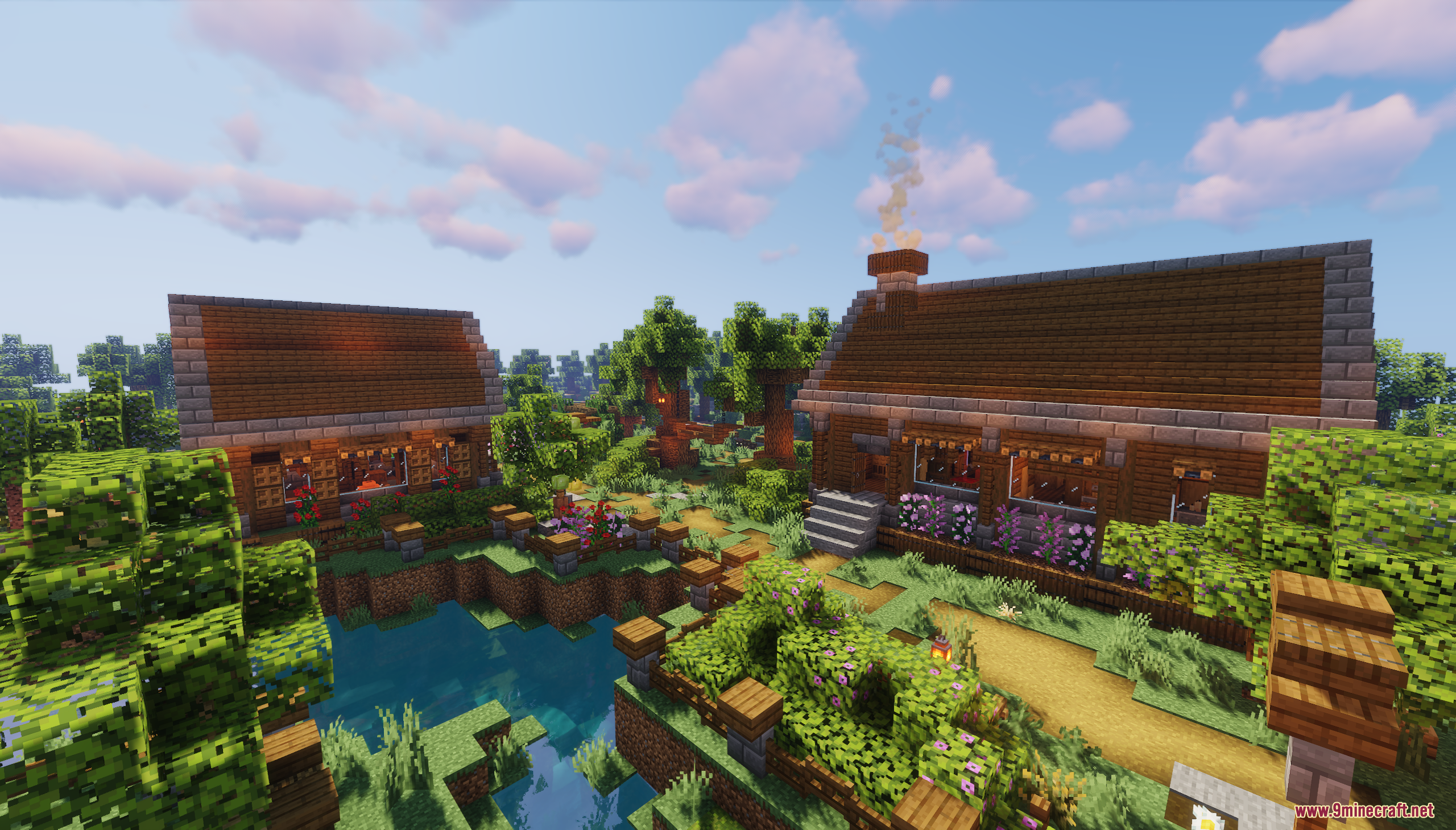 Murder Mystery Just Village Map Screenshot 8 Cozy wooden houses with smoking chimneys next to a small garden pond