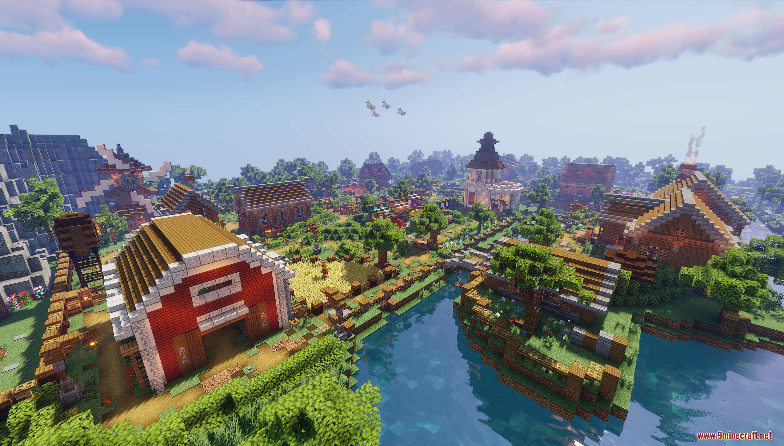 Murder Mystery Just Village Map Screenshot 9 Scenic view of a Minecraft village with a red barn and a river