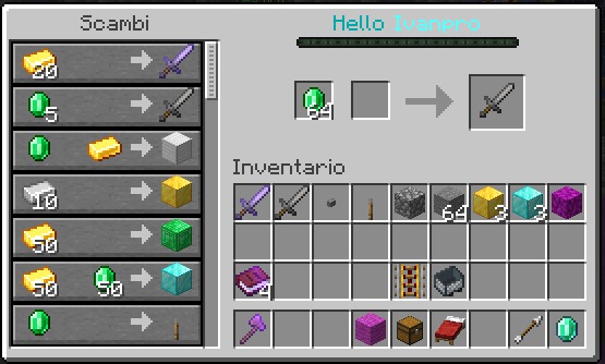 A player trading emeralds for a stone sword in a custom interface