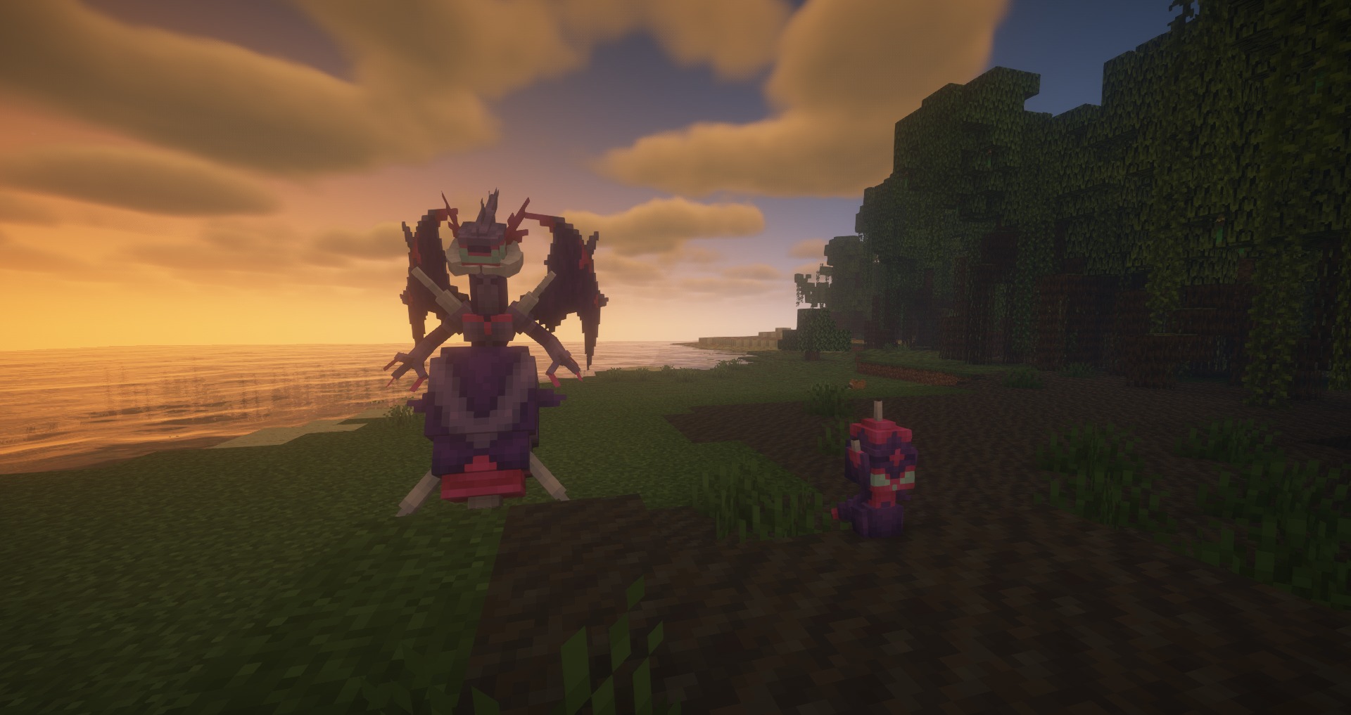 Mystic Mons Data Pack Screenshot 10 Two purple creatures stand on a beach at sunset near a forest
