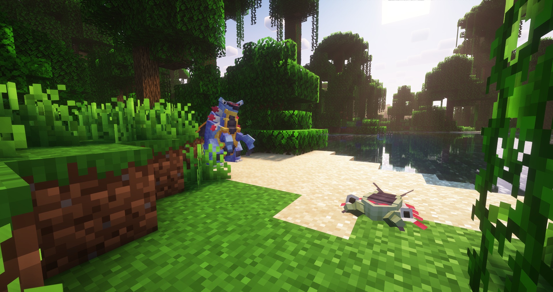 Mystic Mons Data Pack Screenshot 2 Feraligatr and another creature explore a bright jungle biome near the water edge