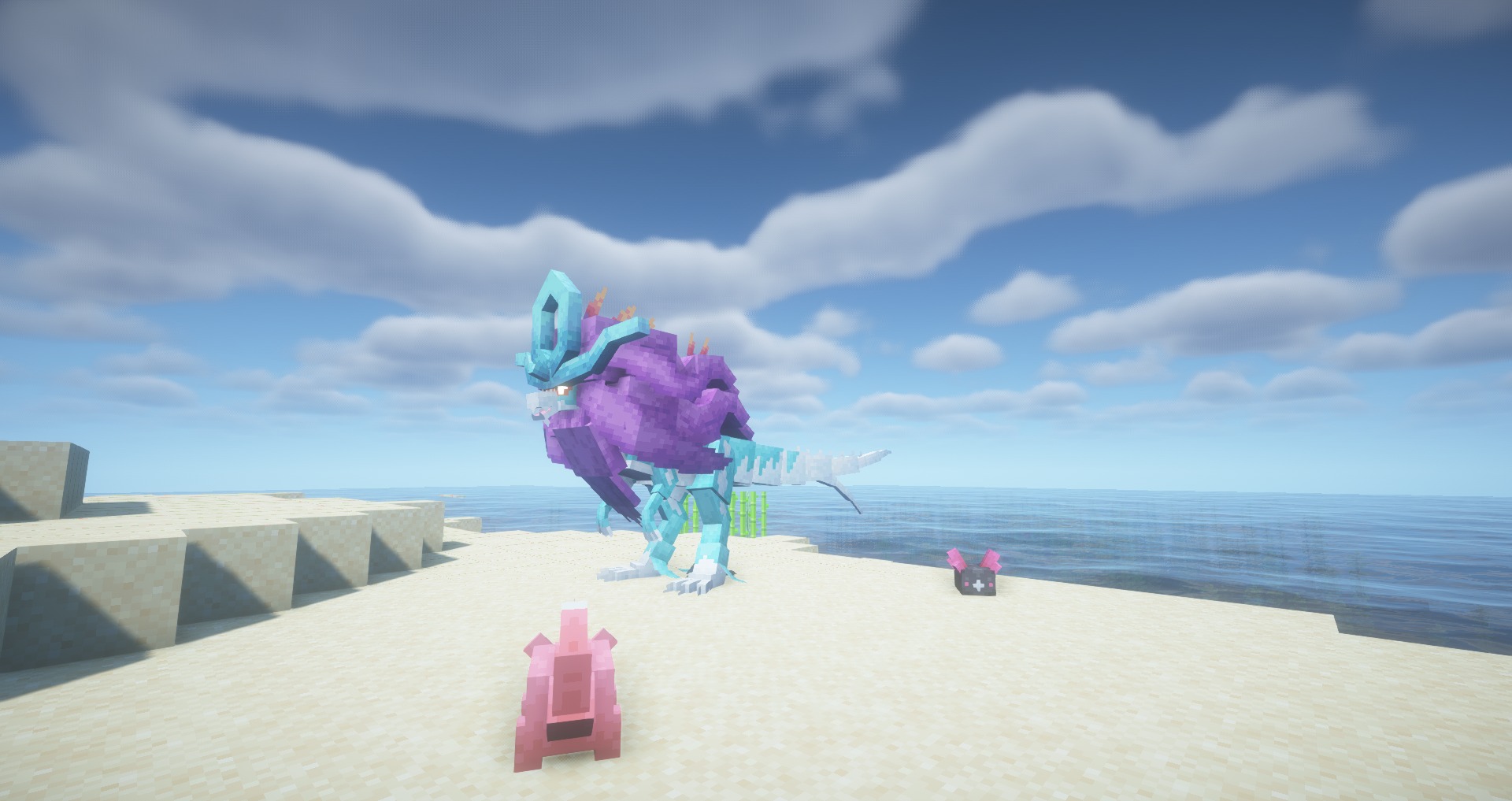 Mystic Mons Data Pack Screenshot 4 Walking Wake stands on a sunny beach with small creatures nearby in Minecraft