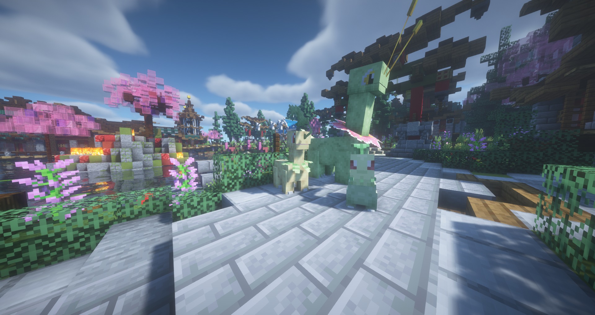Mystic Mons Data Pack Screenshot 5 Chikorita Bayleef and Meganium standing on a stone path near cherry blossom trees