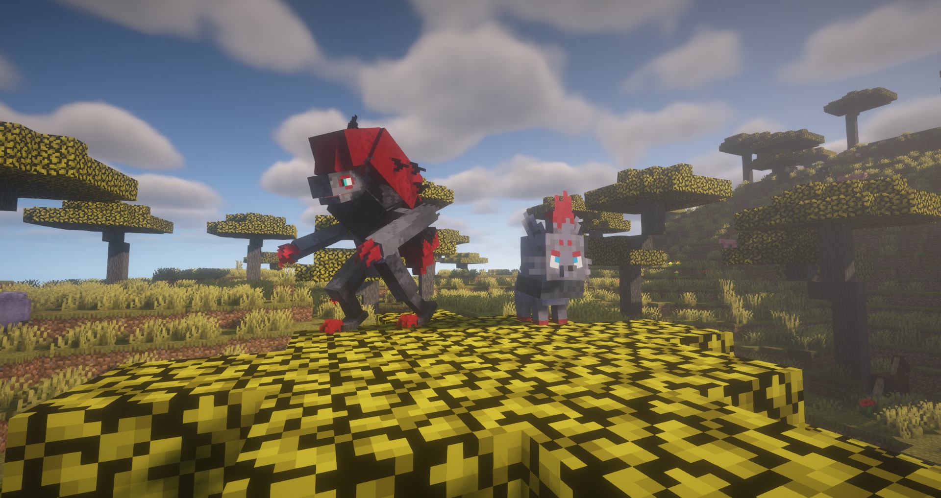 Mystic Mons Data Pack Screenshot 7 Zoroark and Zorua standing on a yellow and black checkered block in savanna