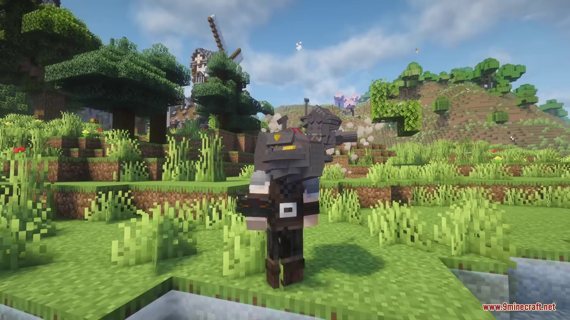 Myths of the Sea Mod Screenshot 1 A Minecraft player wearing a grey monster headpiece in a grassy field