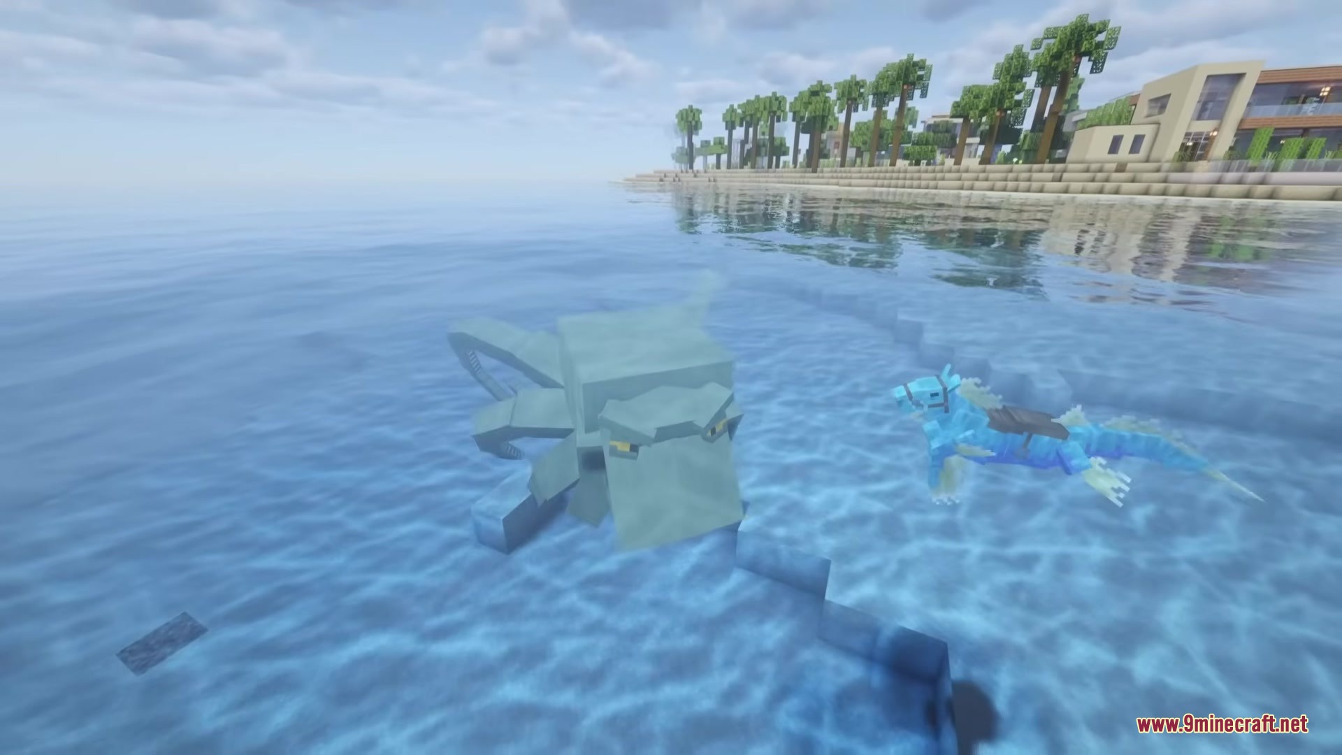 Myths of the Sea Mod Screenshot 10 A giant skeletal sea monster and a blue Hippocampus swim in the ocean
