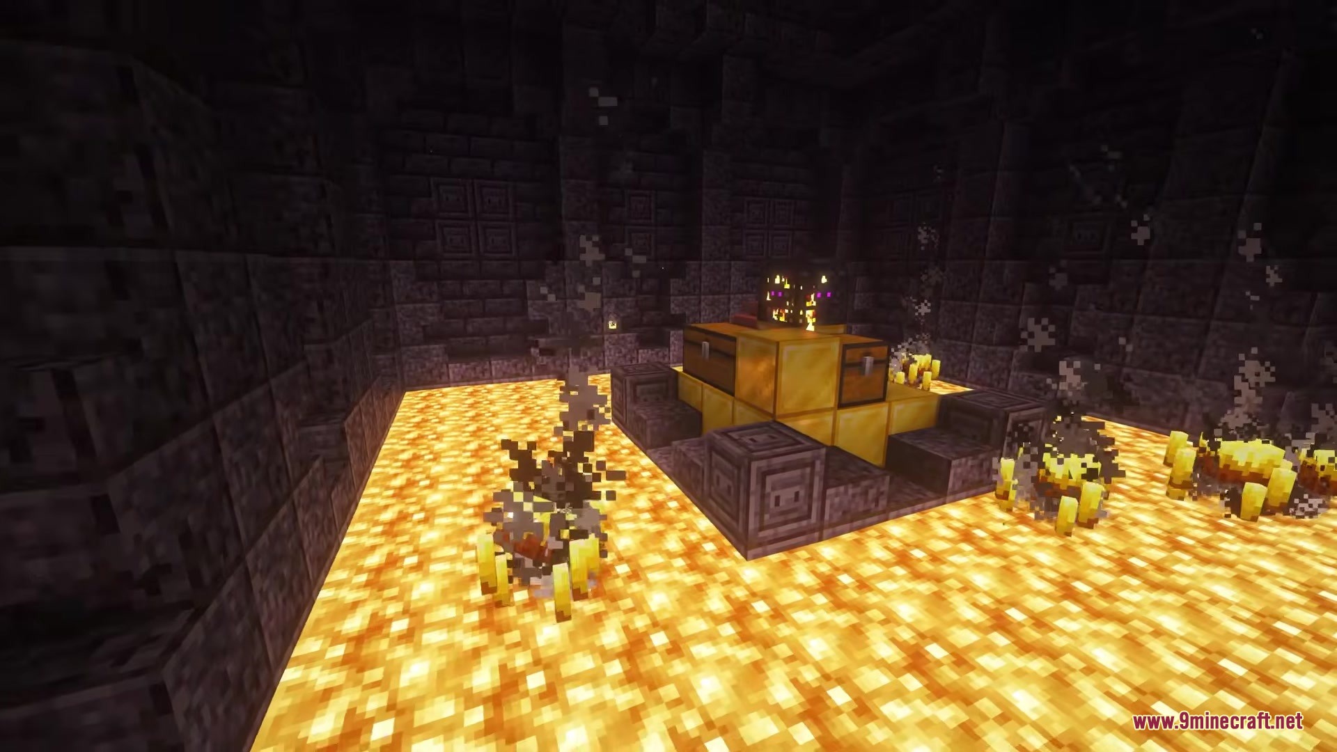 Myths of the Sea Mod Screenshot 12 A platform with gold blocks and chests surrounded by a lava lake