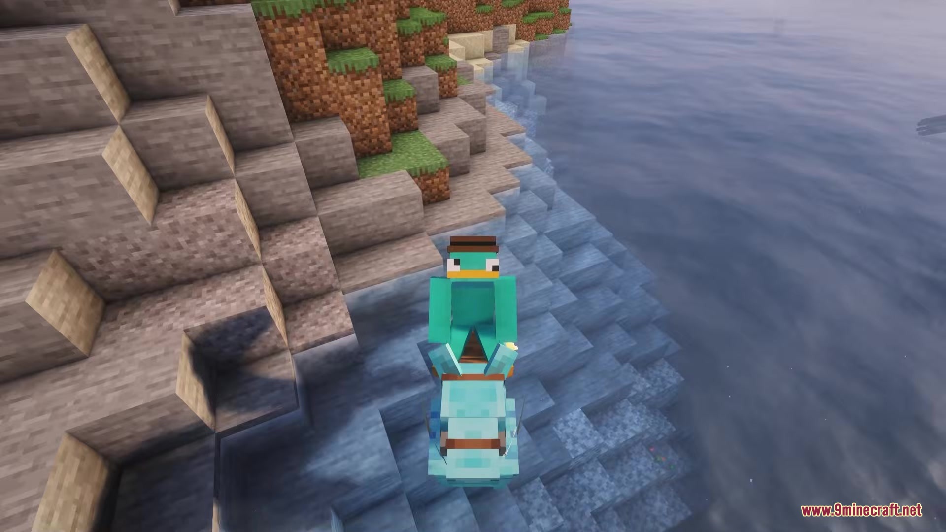 Myths of the Sea Mod Screenshot 13 Player with a platypus skin riding a blue Hippocampus near the shore