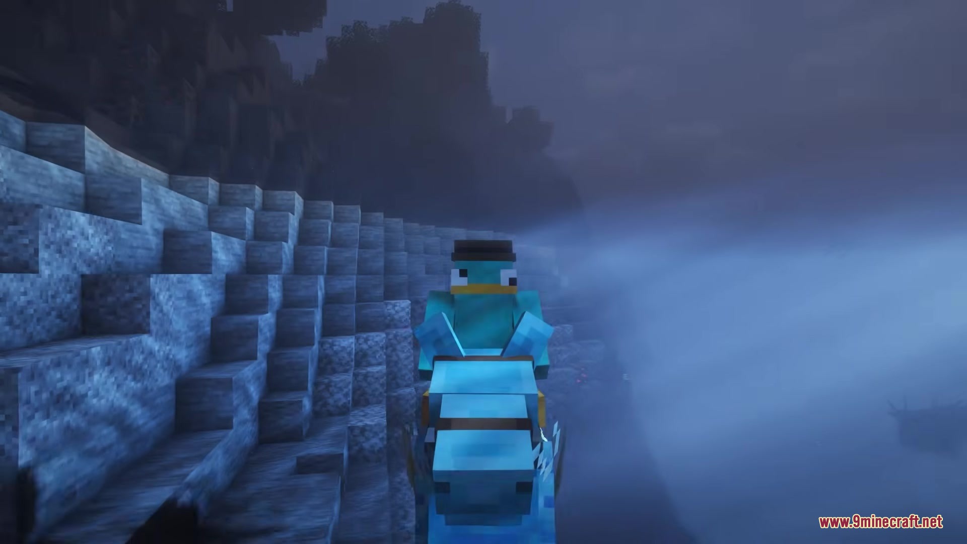Myths of the Sea Mod Screenshot 14 Player riding a blue Hippocampus through dark and foggy ocean waters