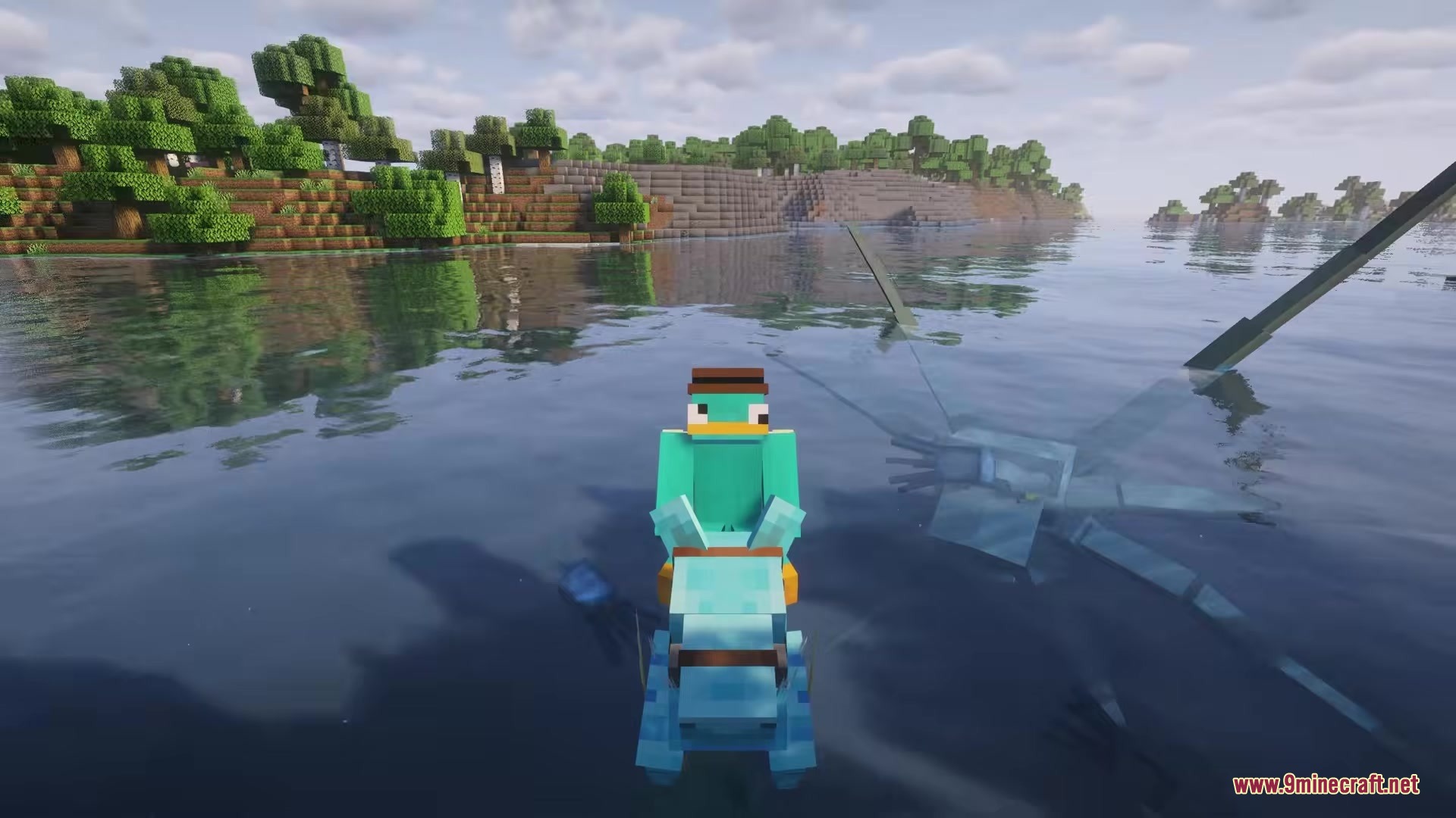 Myths of the Sea Mod Screenshot 15 Player in a platypus skin riding a Hippocampus mount over the deep ocean