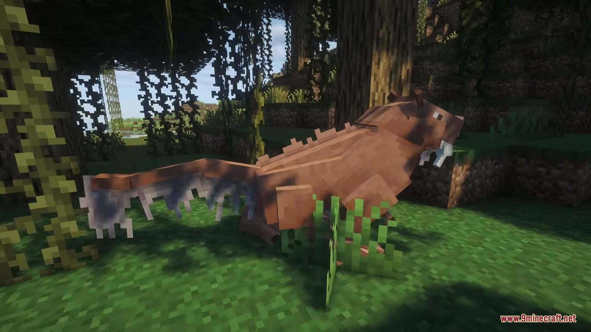 Myths of the Sea Mod Screenshot 17 A brown Bunyip creature with tusks standing in a Minecraft swamp forest