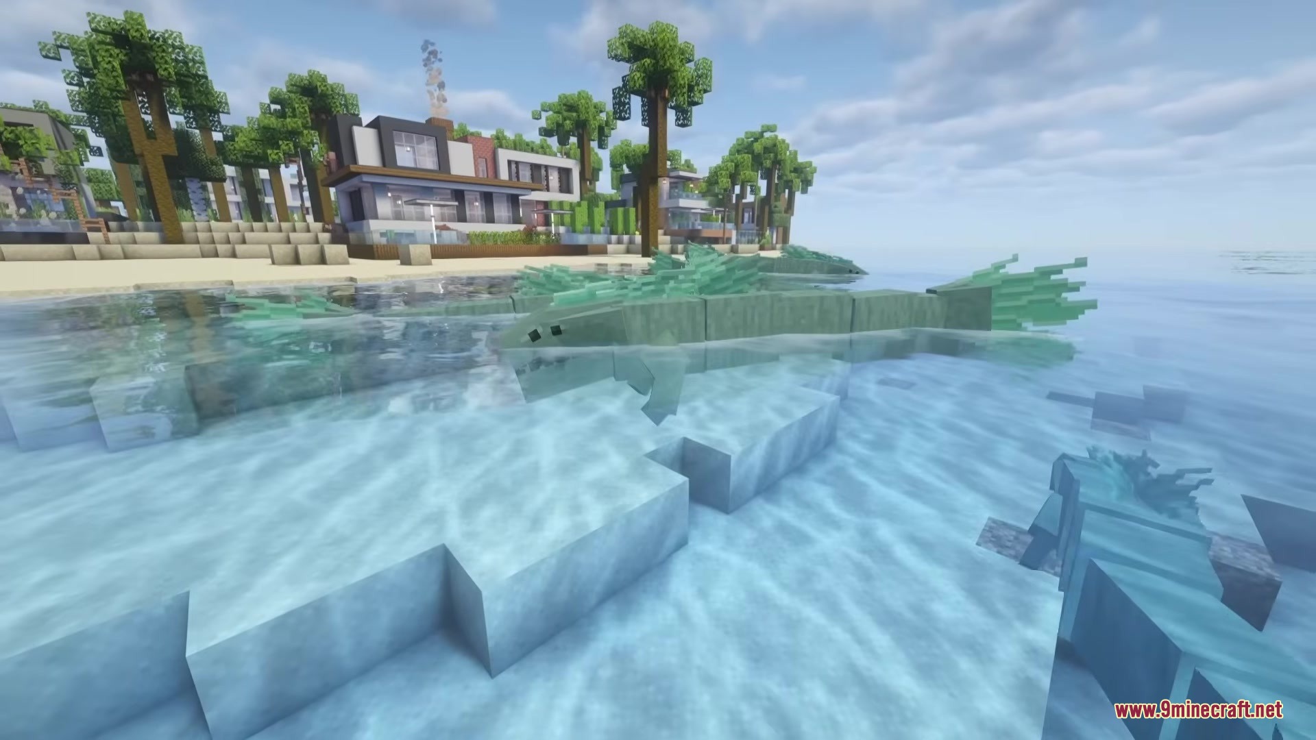 Myths of the Sea Mod Screenshot 2 A giant Bake Kujira swimming in the ocean near a modern beach house