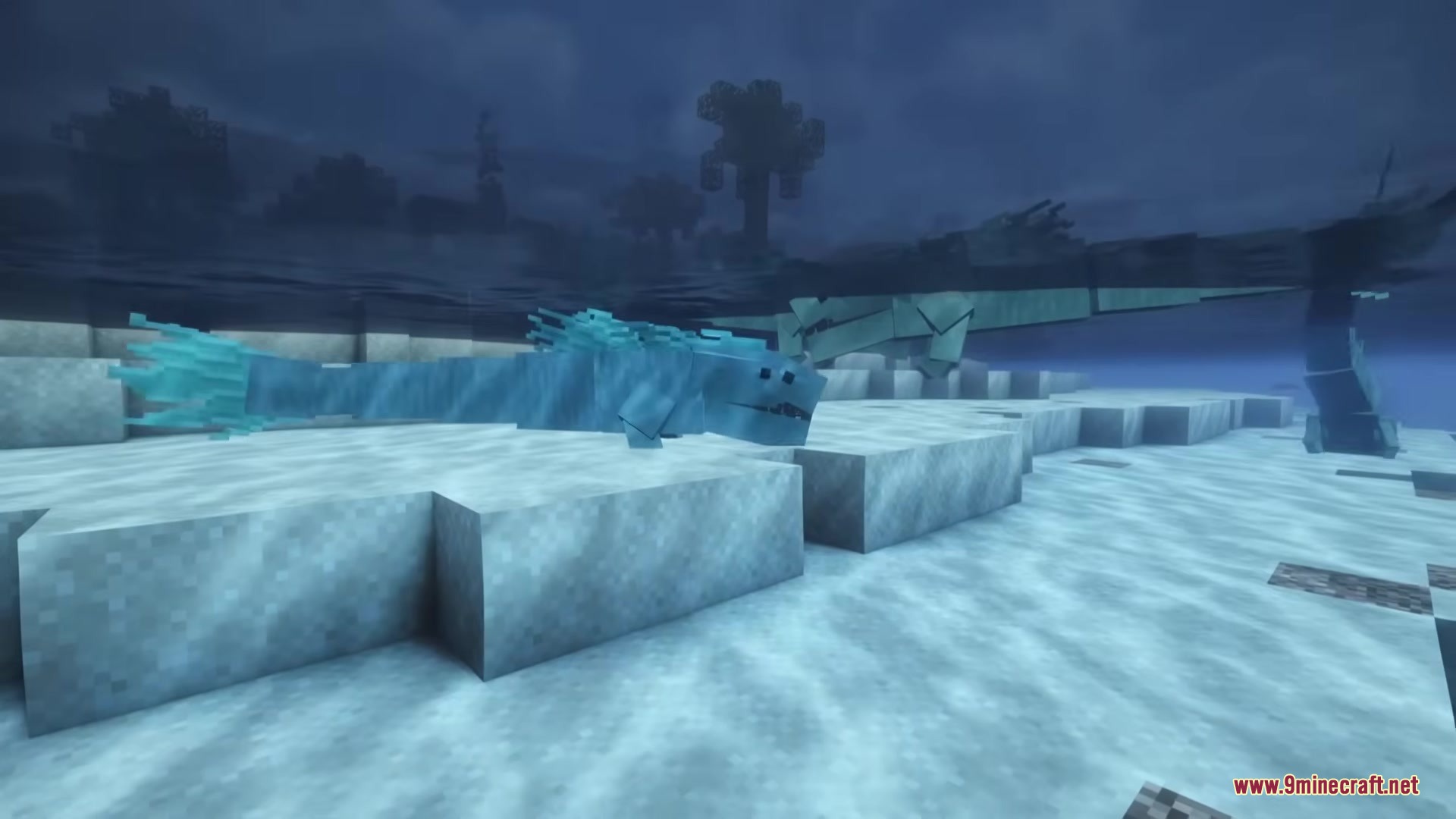 Myths of the Sea Mod Screenshot 3 A blue Leviathan swimming through icy waters in a cold ocean biome