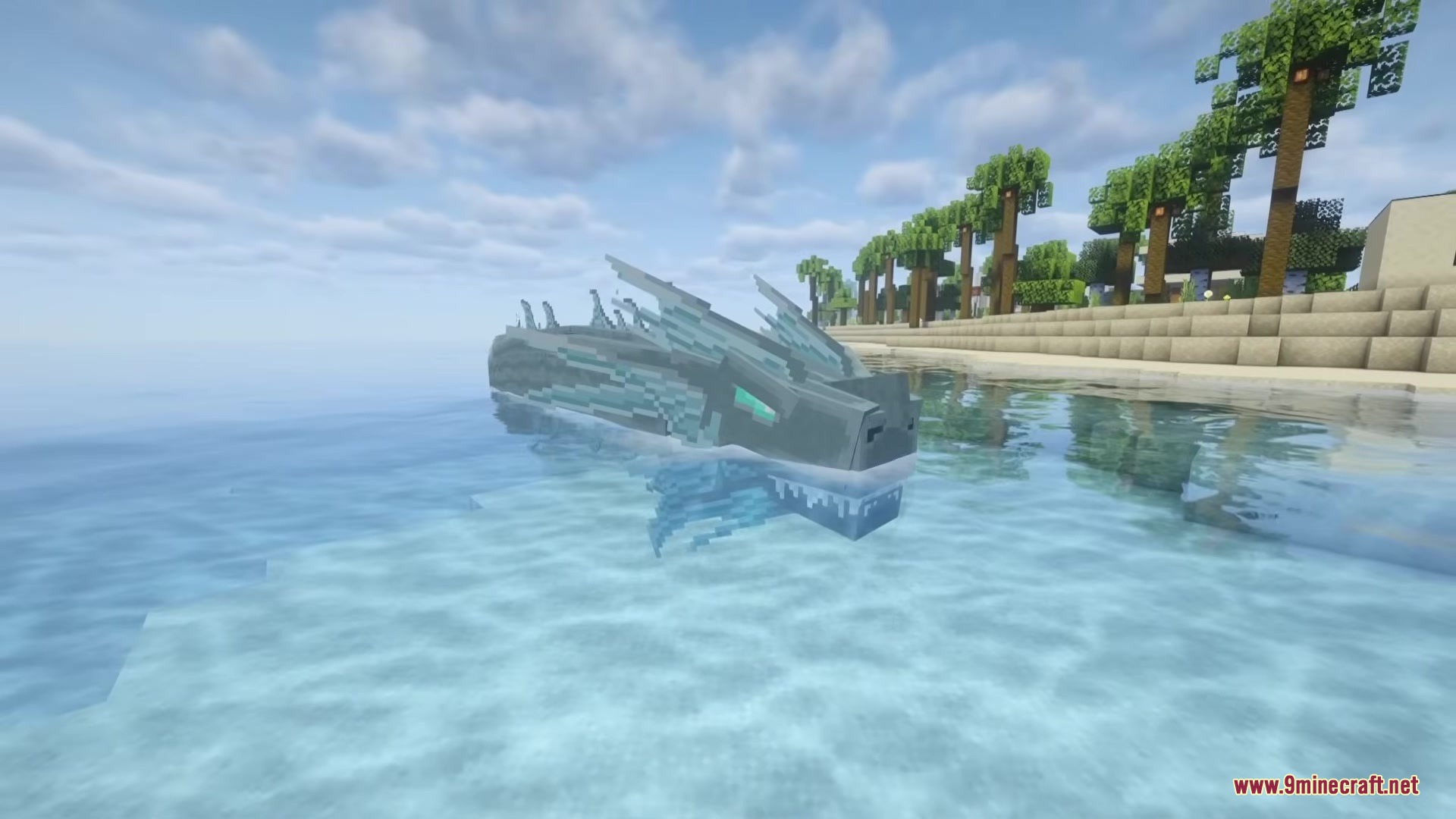 Myths of the Sea Mod Screenshot 4 A giant Leviathan swimming near a tropical beach with palm trees