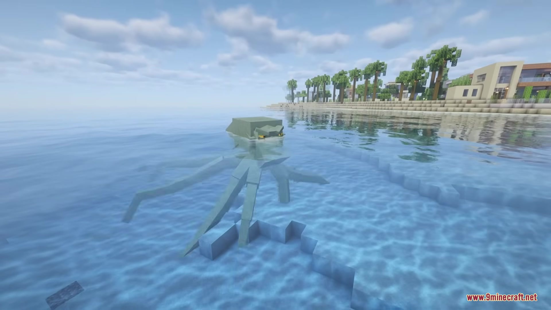 Myths of the Sea Mod Screenshot 5 A massive green Kraken with long tentacles floating in the clear ocean water