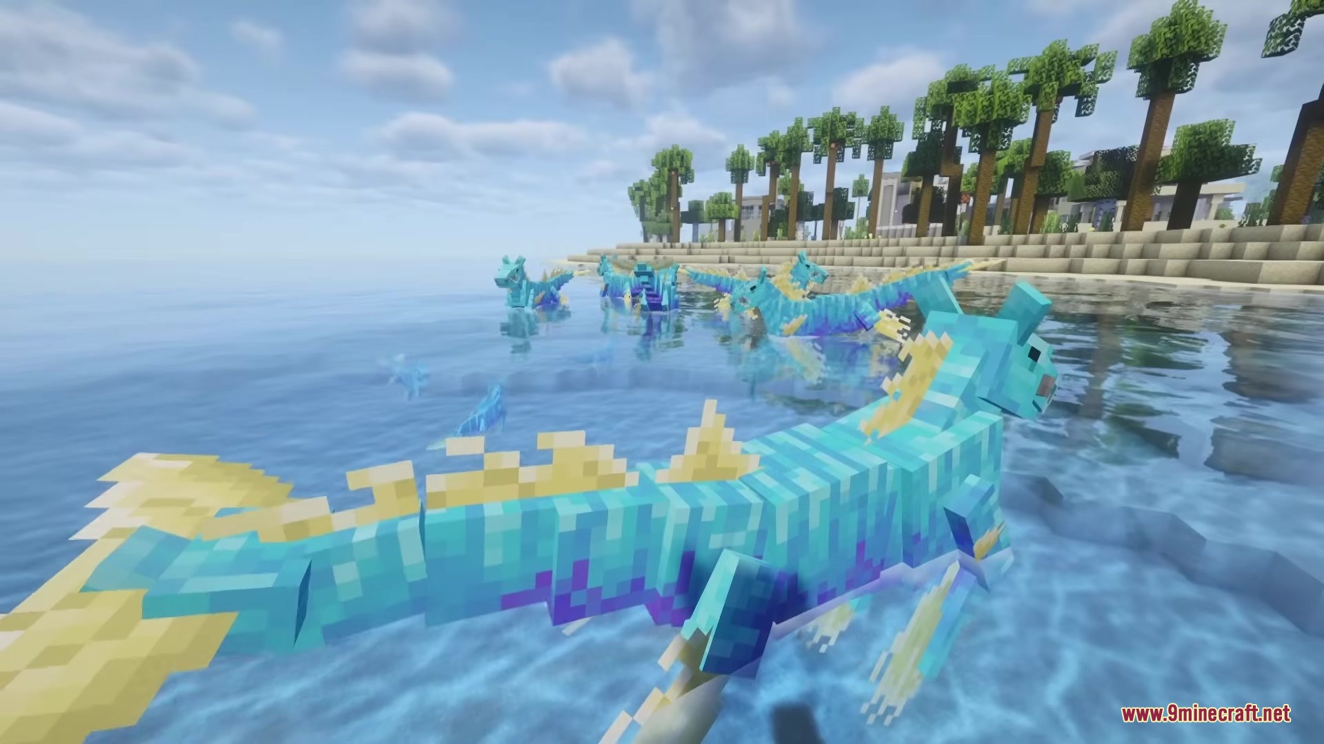 Myths of the Sea Mod Screenshot 6 Several blue and yellow Hippocampus creatures swimming near a tropical beach shore