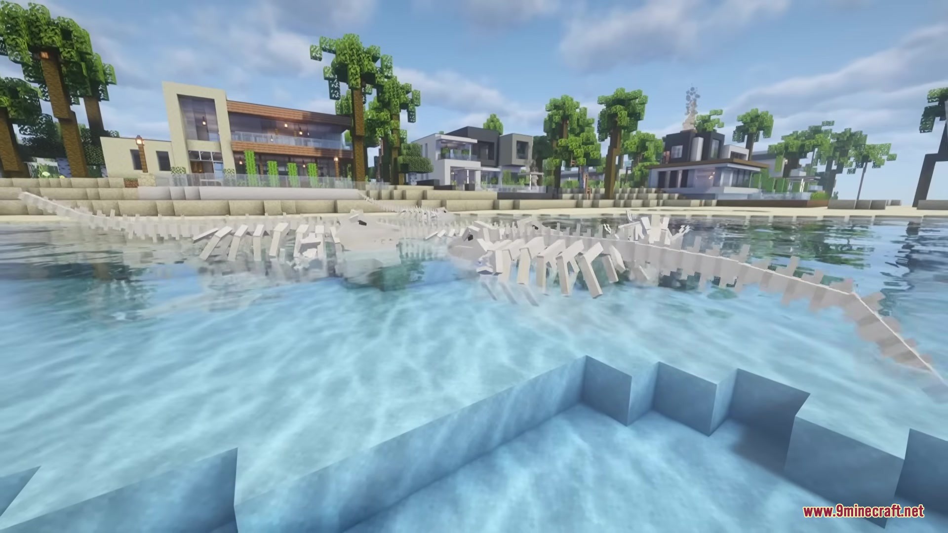 Myths of the Sea Mod Screenshot 7 A giant skeletal Bake Kujira floats in the water near a beach house