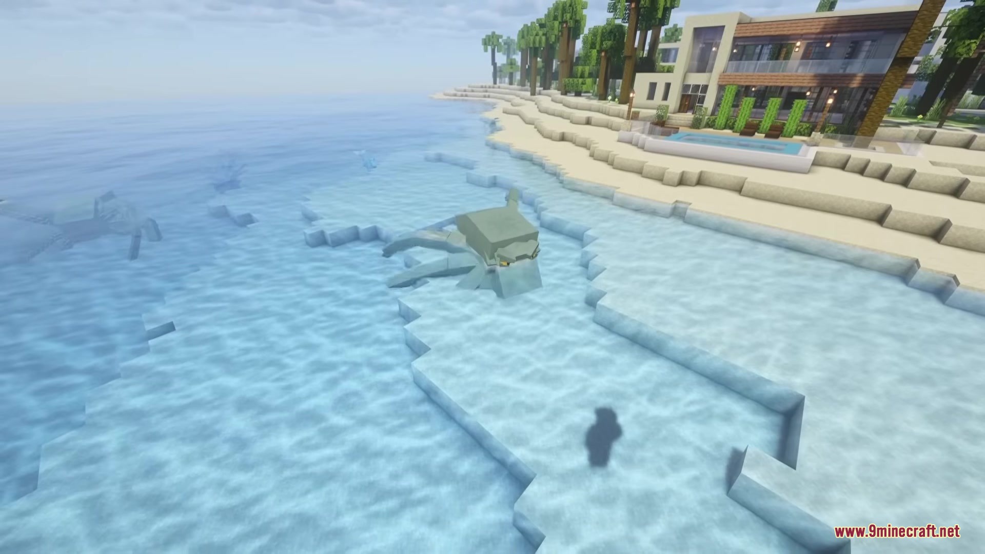 Myths of the Sea Mod Screenshot 8 The small Abaia fish swims through shallow water near a modern beach house