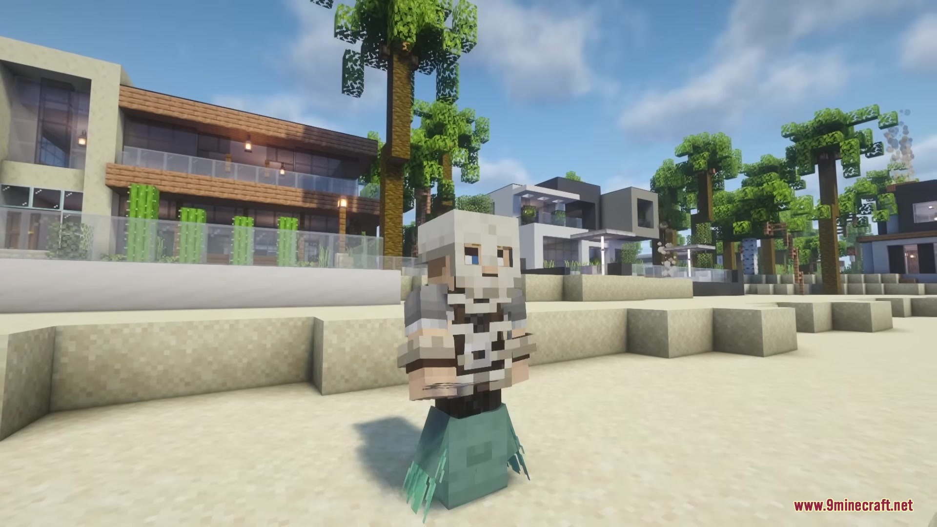 Myths of the Sea Mod Screenshot 9 A player wearing Bake Kujira bone armor stands on a sunny beach