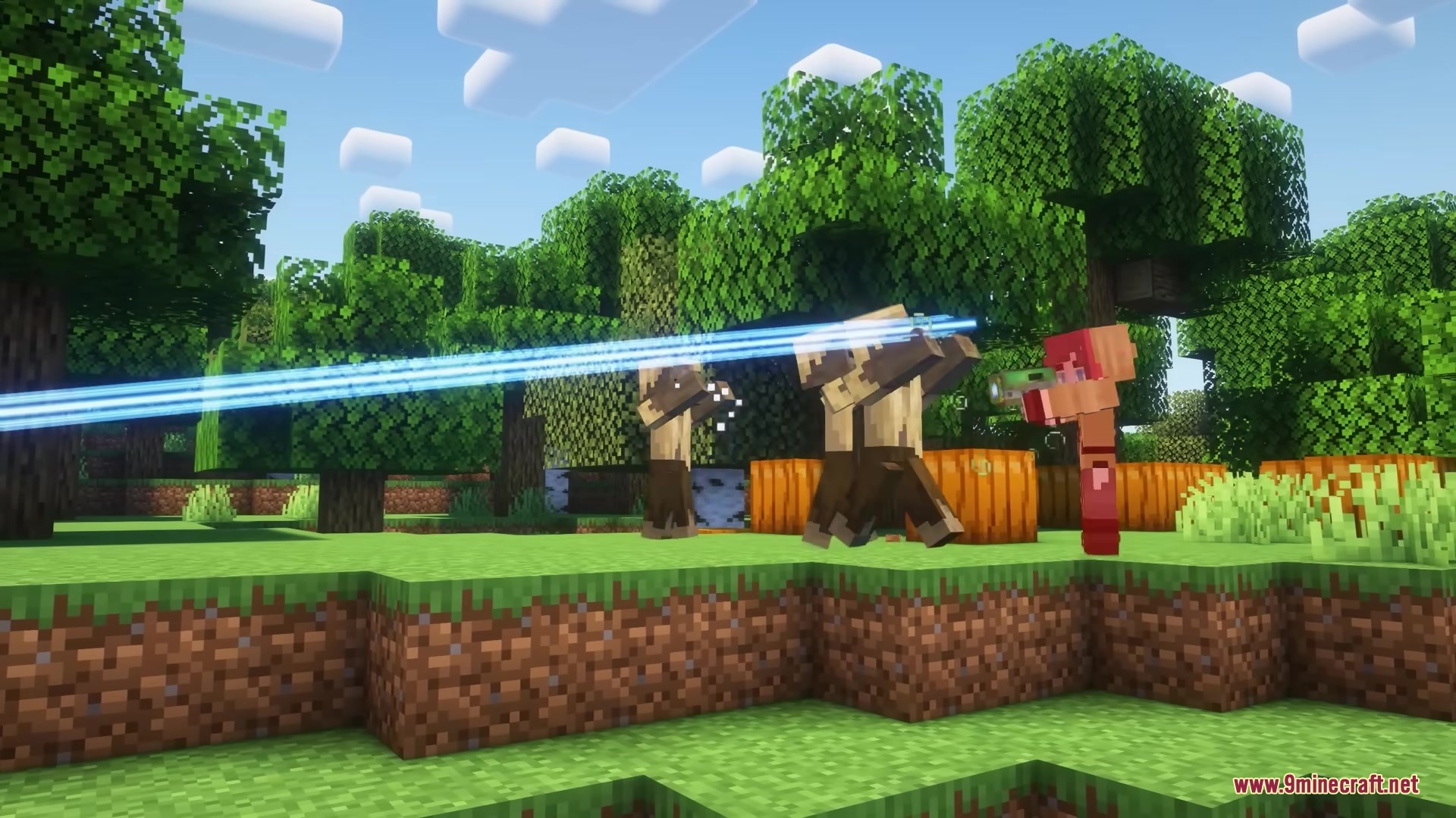NEEP Meat Mod Screenshot 5 A player fires a powerful blue laser beam at wooden mobs in forest