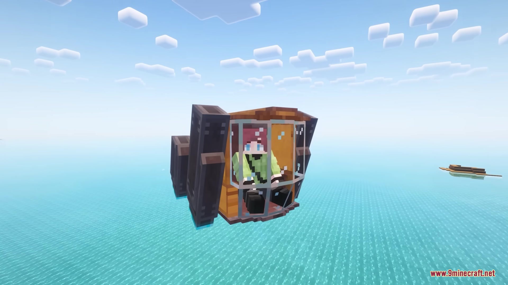 NEEP Meat Mod Screenshot 6 Red haired player sits in a rusty mechanical cockpit above the ocean water