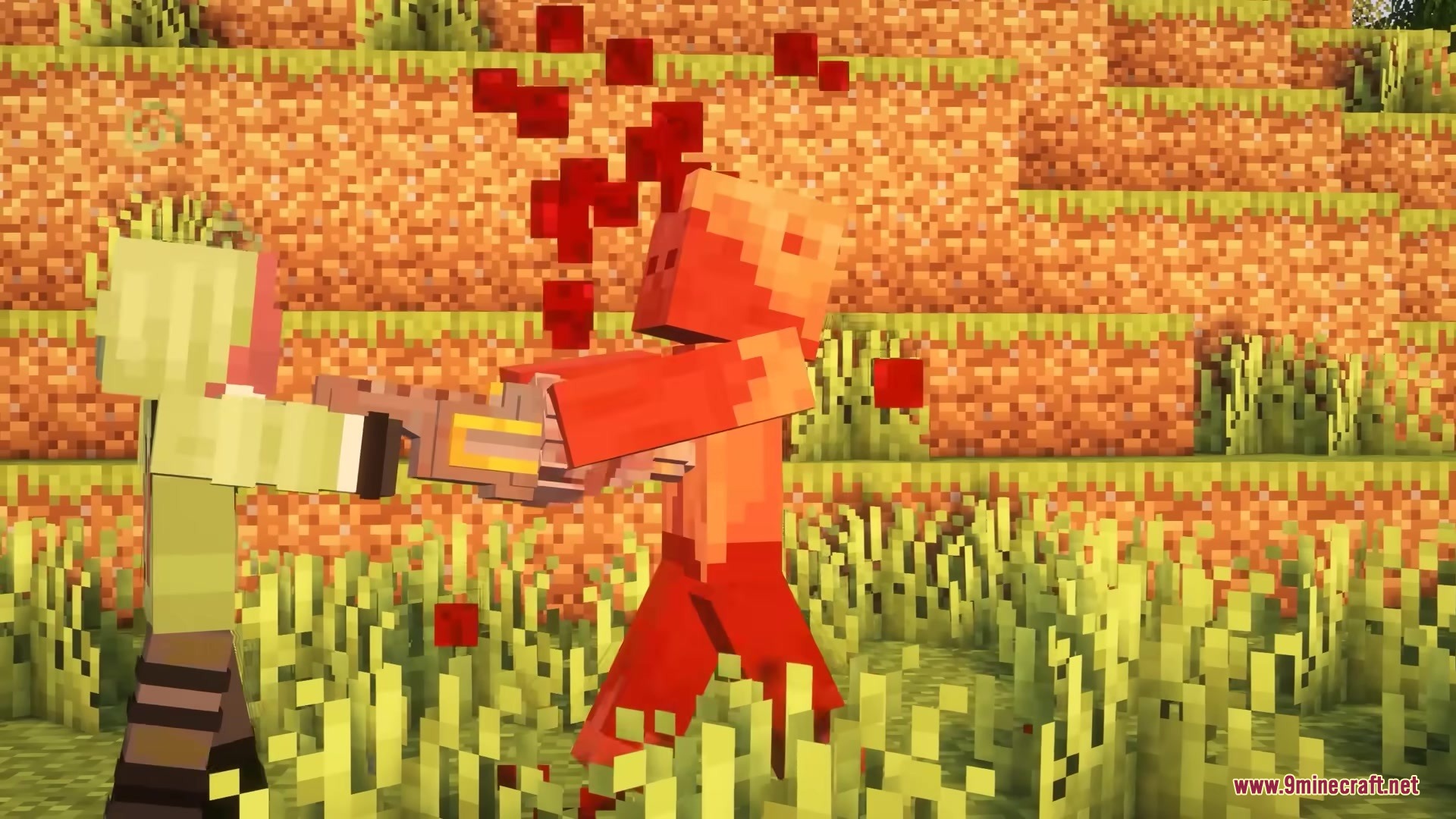 NEEP Meat Mod Screenshot 7 A player character shoots a red mob using a custom modular gun