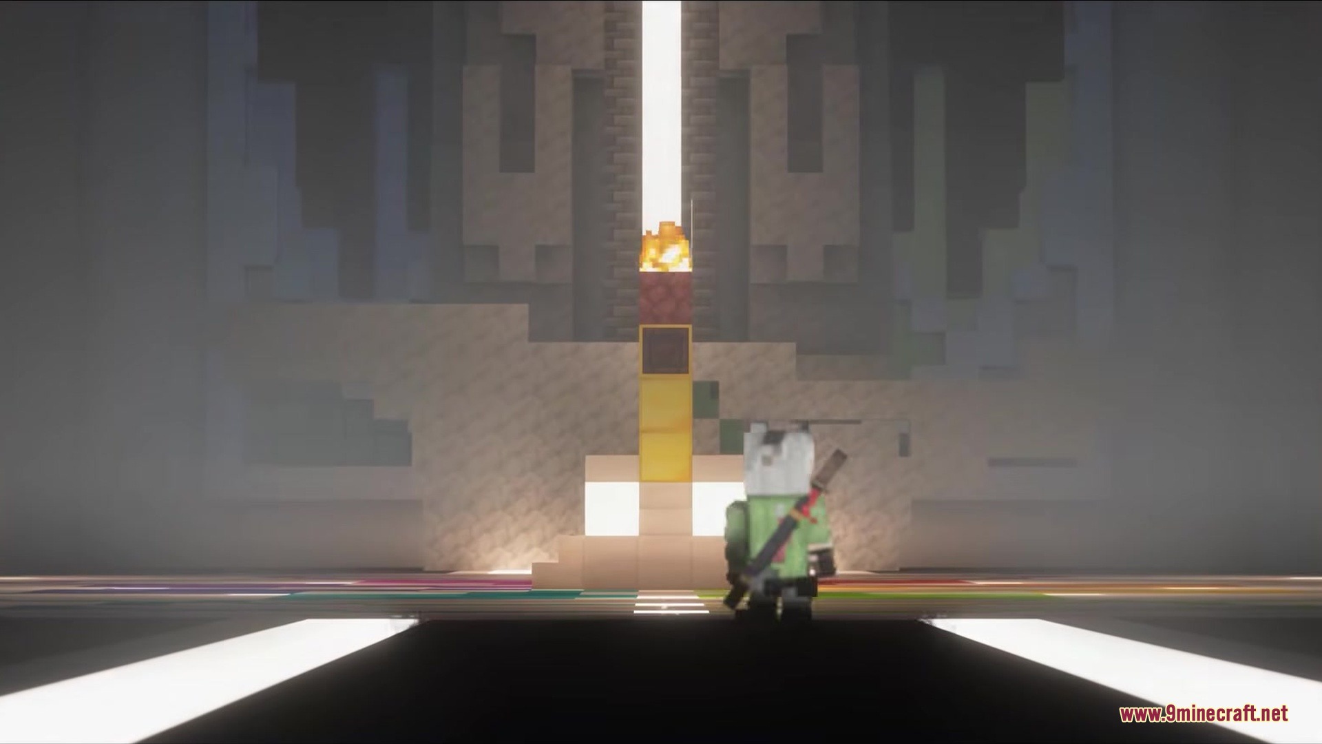 Naraka Mod Screenshot 1 A player character stands before a mysterious flaming pillar inside a grand sanctuary