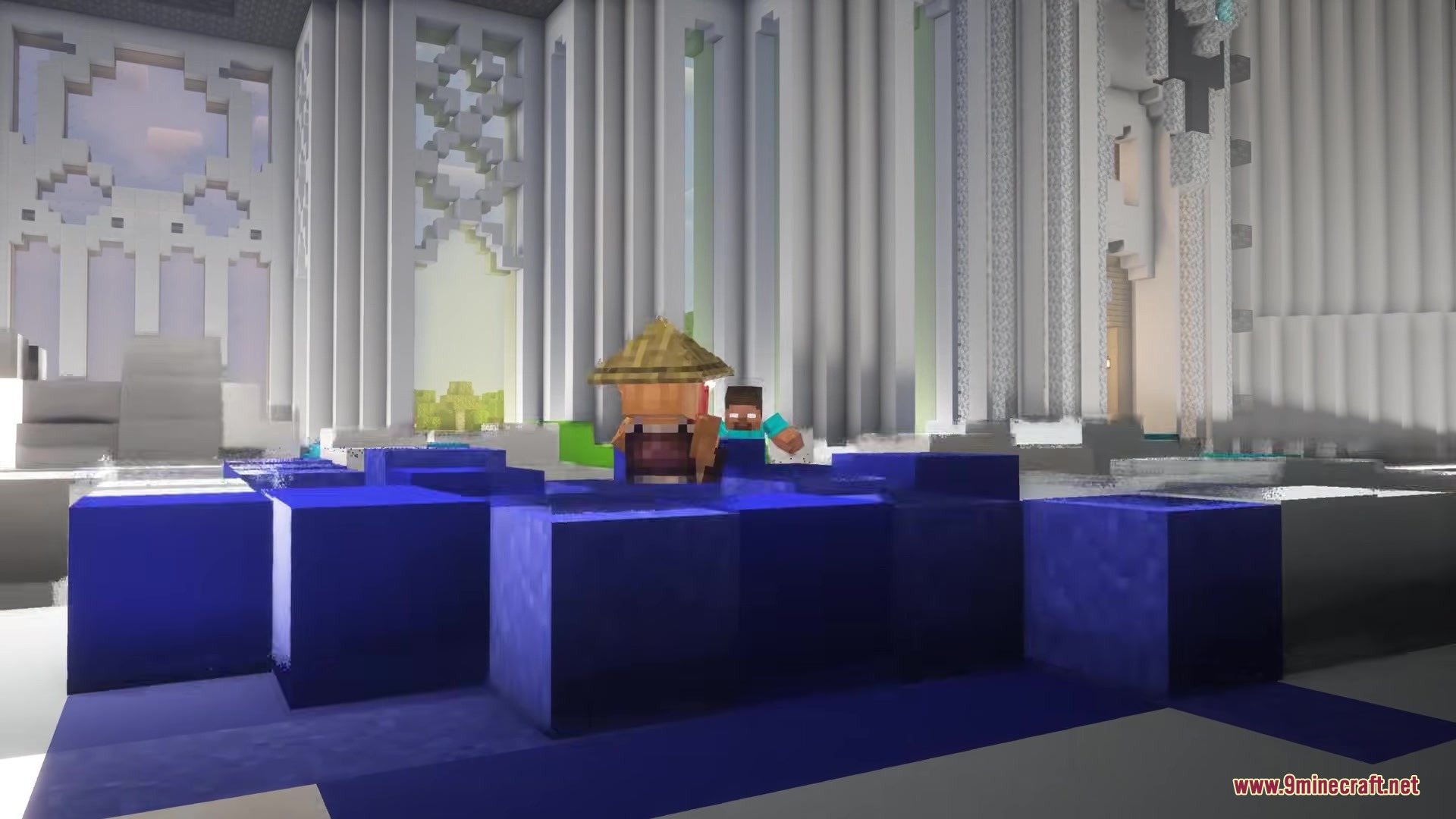 Naraka Mod Screenshot 10 A player wearing a straw hat faces Herobrine in the white sanctuary room