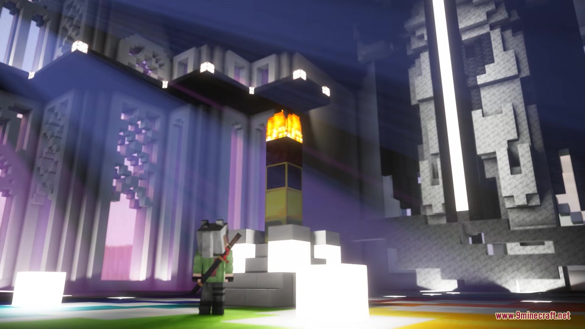 Naraka Mod Screenshot 2 A warrior explores a majestic hall with glowing blocks and a central altar