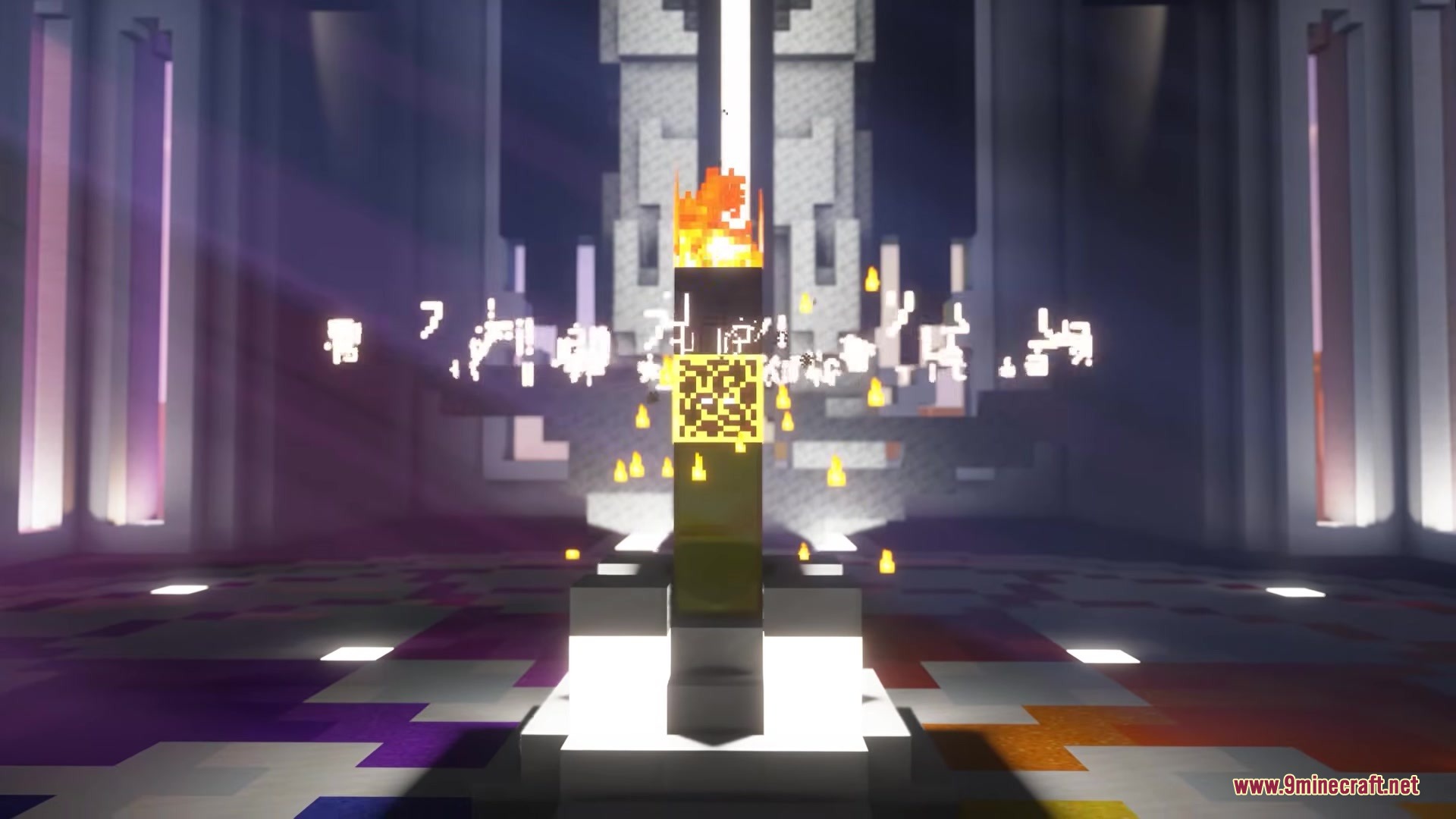 Naraka Mod Screenshot 3 A glowing diamond pillar with fire and floating runes in the sanctuary