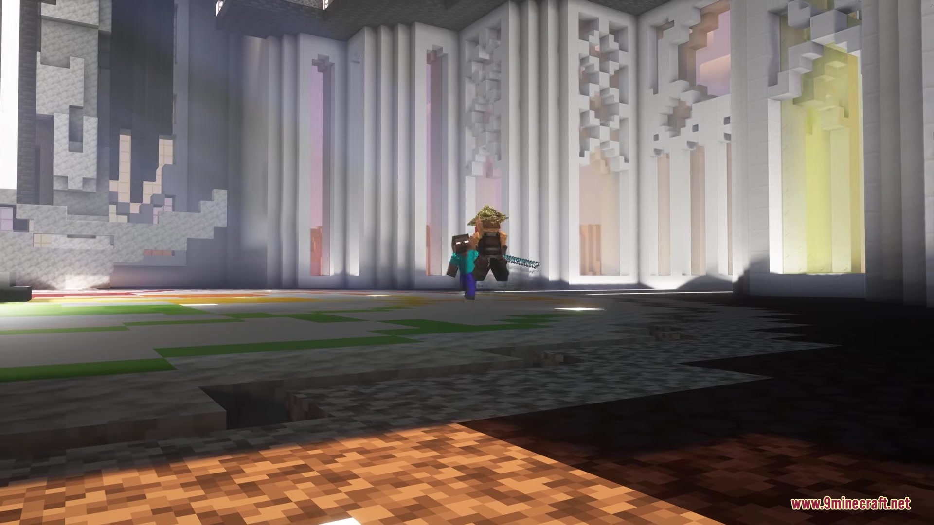 Naraka Mod Screenshot 4 Herobrine boss from Naraka Mod standing in a large white hall
