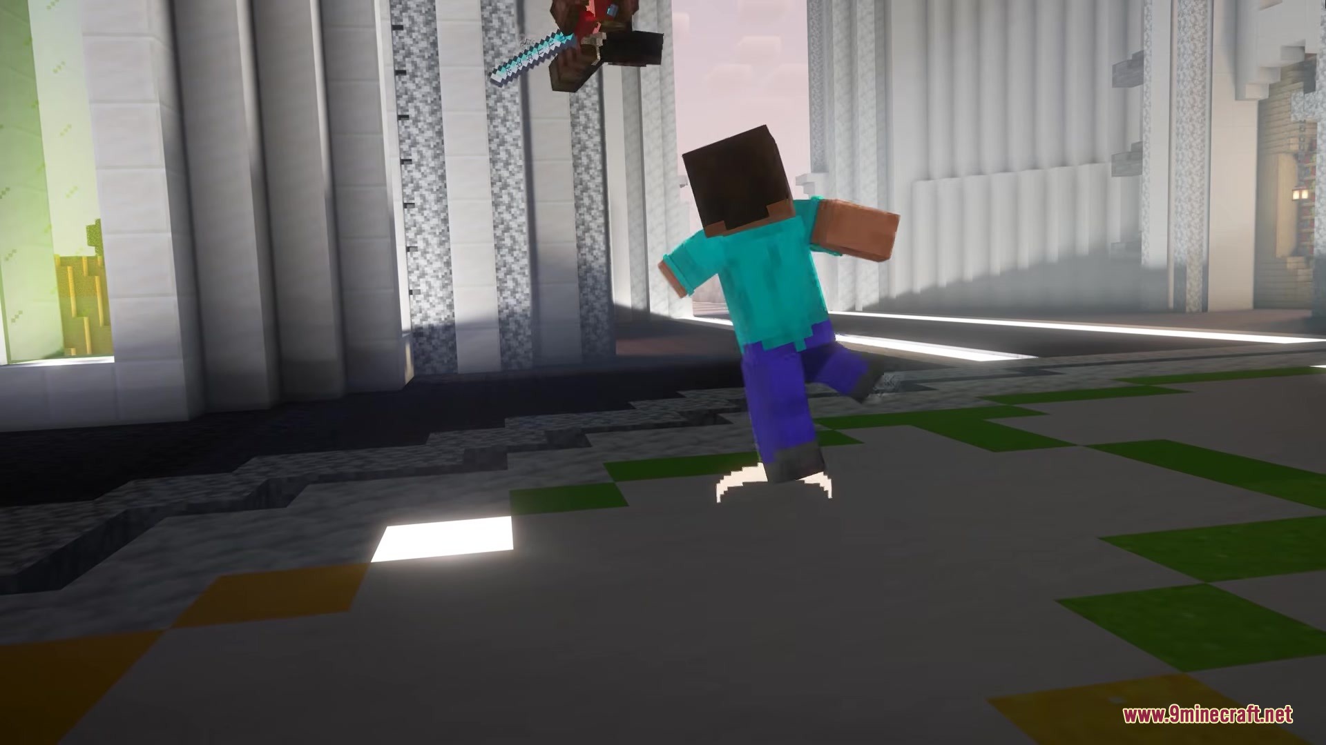Naraka Mod Screenshot 5 Steve flees from the Herobrine boss inside a large white pillar sanctuary
