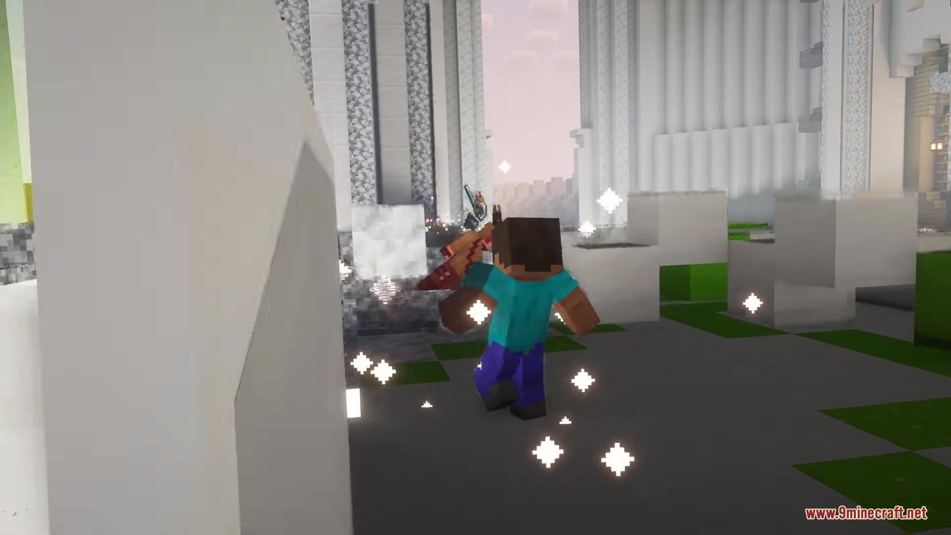 Naraka Mod Screenshot 6 Steve runs through glowing particles while exploring a massive white stone sanctuary