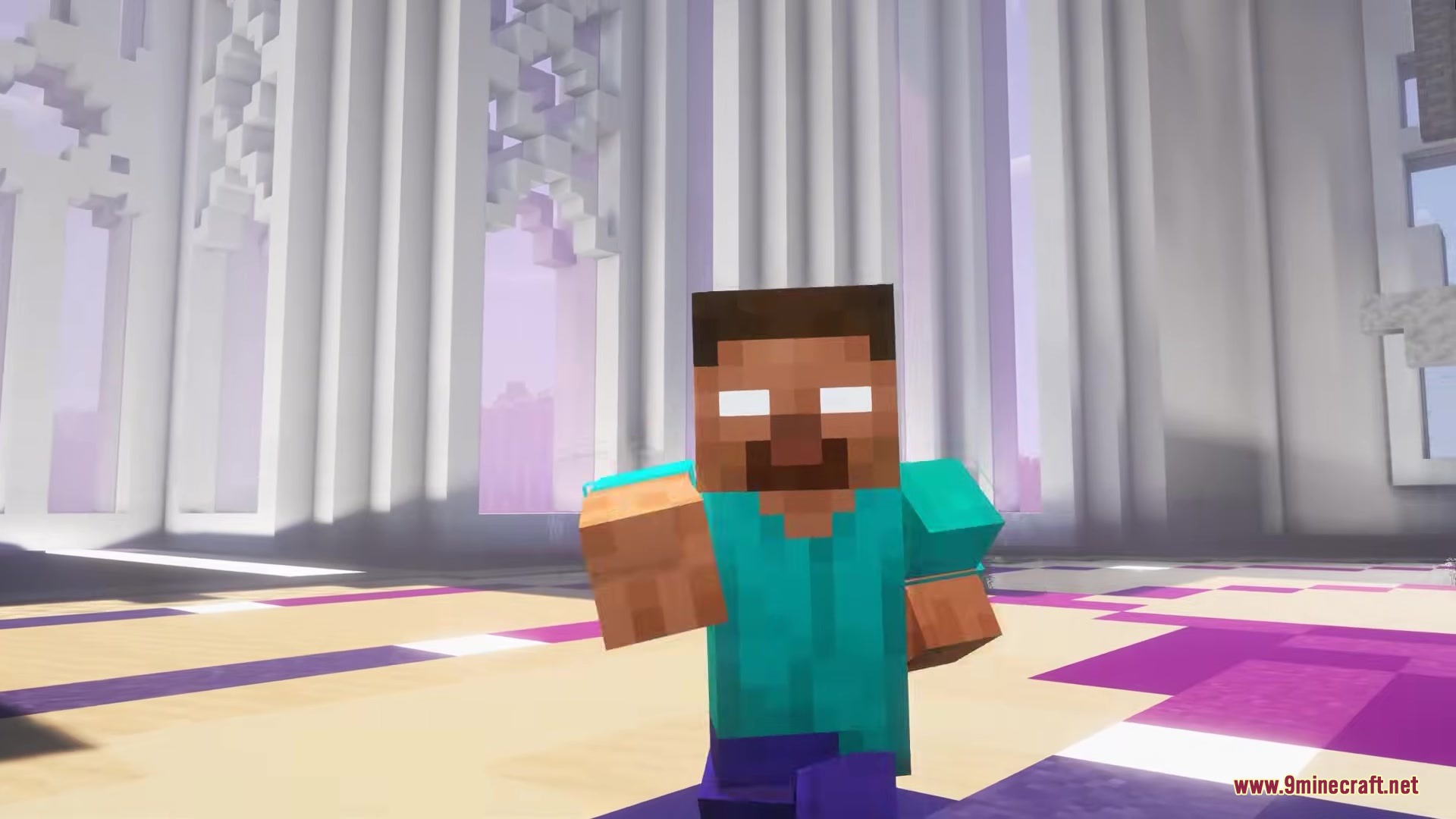 Naraka Mod Screenshot 7 The Herobrine boss with glowing white eyes runs through a white hall