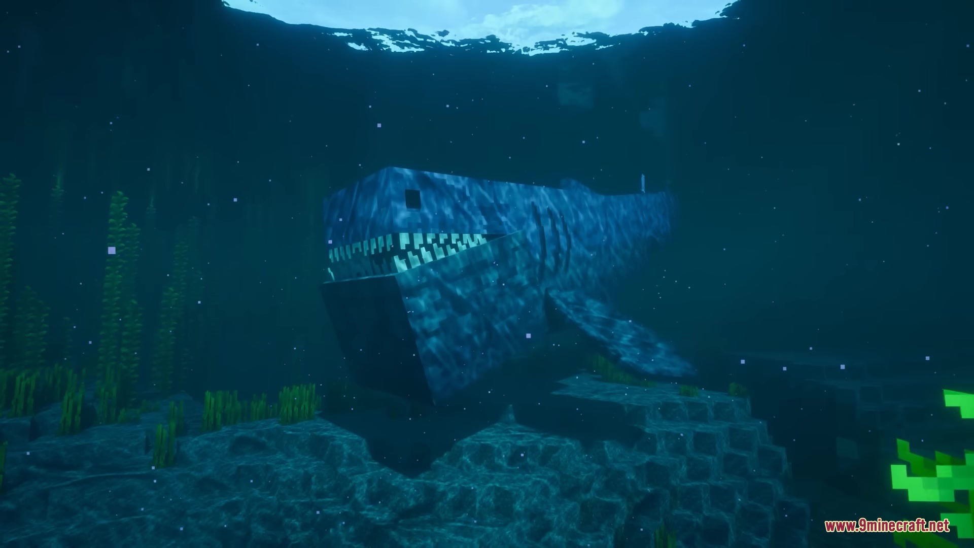 A giant blocky sea creature with sharp teeth swims in the deep ocean