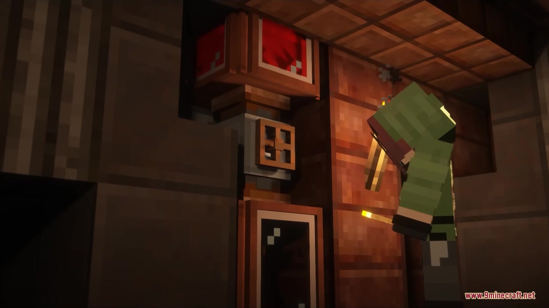 A player character holding a torch inspects industrial machinery and red fluid pipes