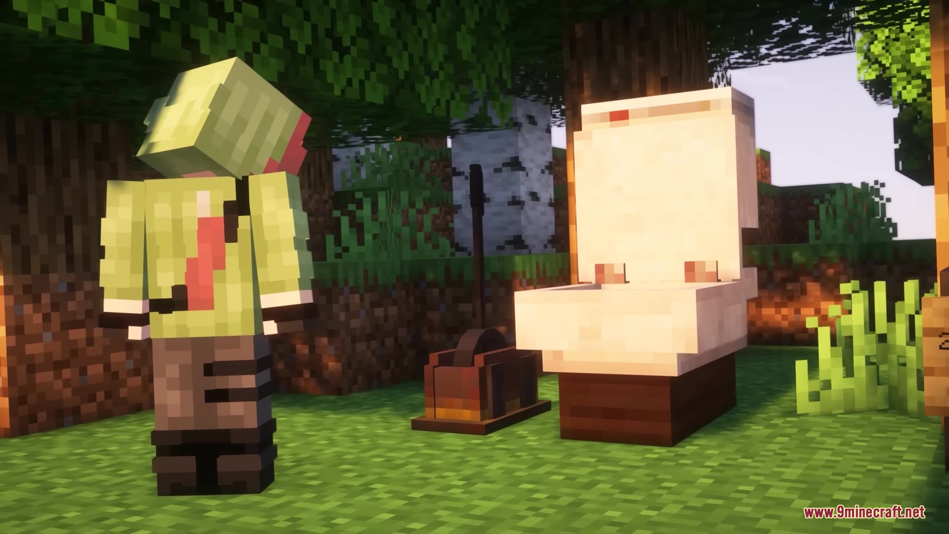 A player character standing next to a toilet block from the Neepmeat mod