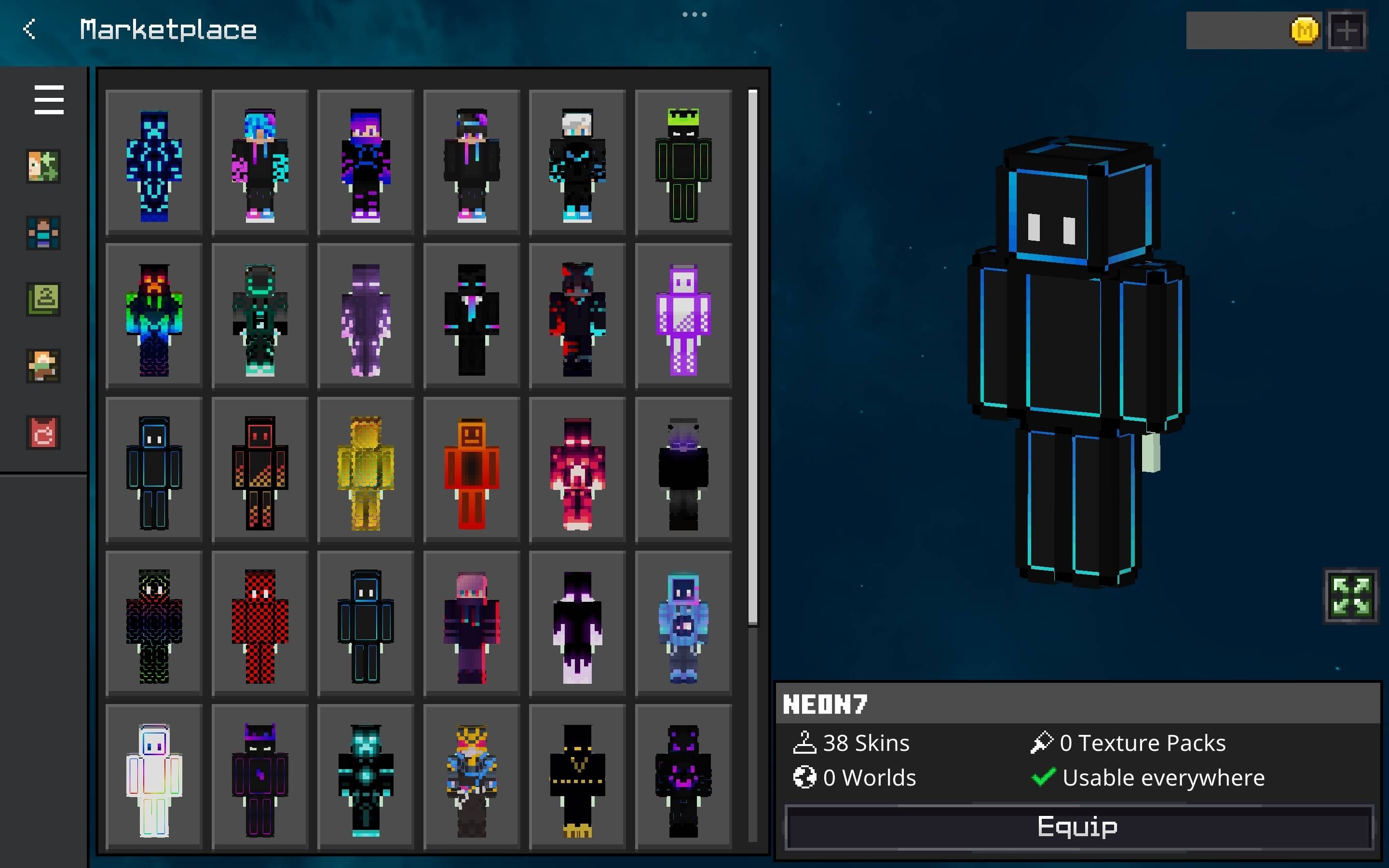 Neon Boys Pvp Skin Pack Screenshot 1 Marketplace menu showing thirty eight designs from the Neon Boys PvP Skin Pack