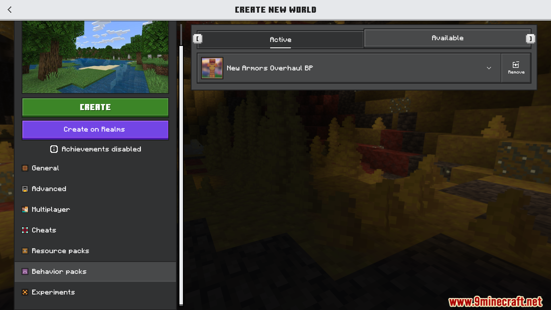 New Armors Overhaul Addon Screenshot 1 Minecraft menu showing the New Armors Overhaul behavior pack active for world creation