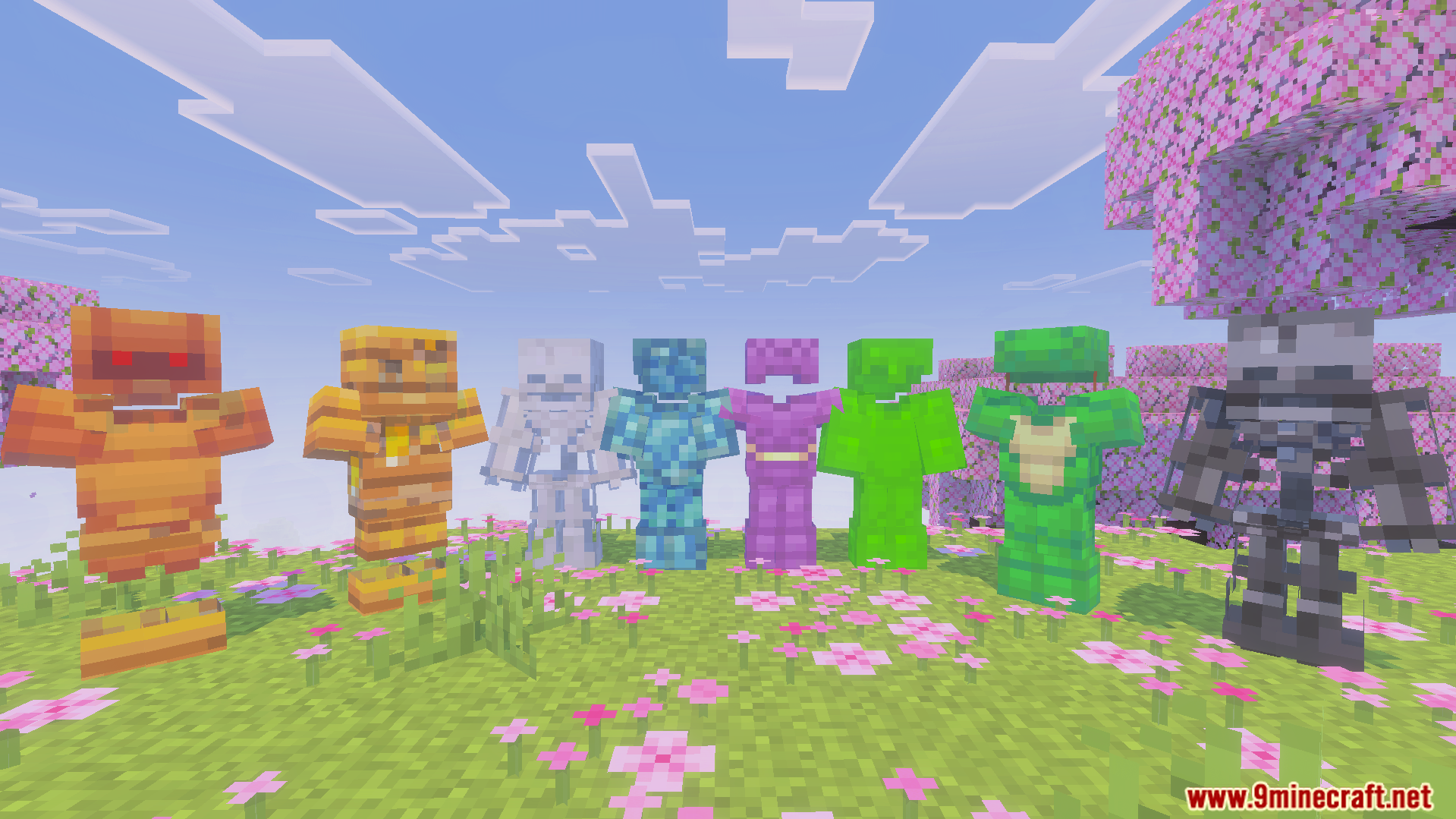 New Armors Overhaul Addon Screenshot 2 Showcase of eight unique armor sets displayed on stands in a cherry blossom biome