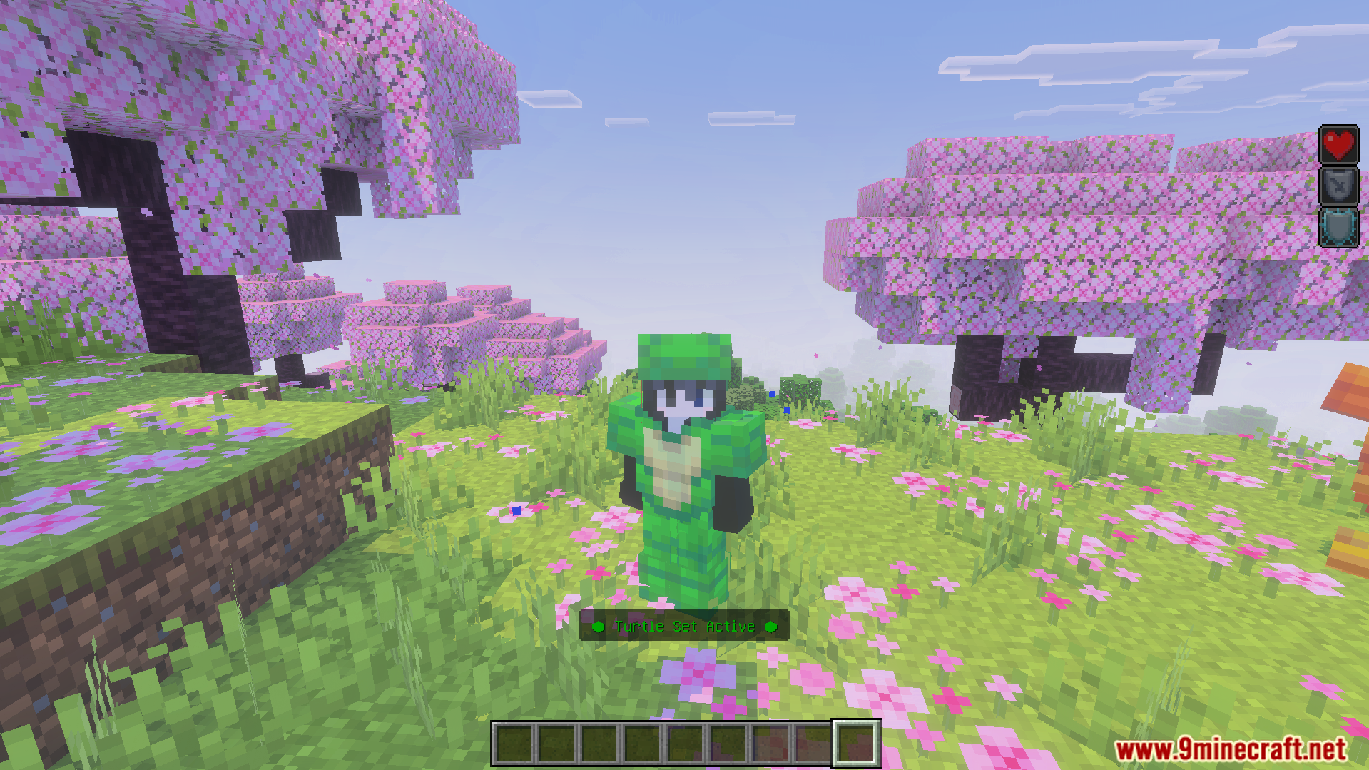 New Armors Overhaul Addon Screenshot 3 Player wearing turtle armor from New Armors Overhaul Addon in cherry blossom biome