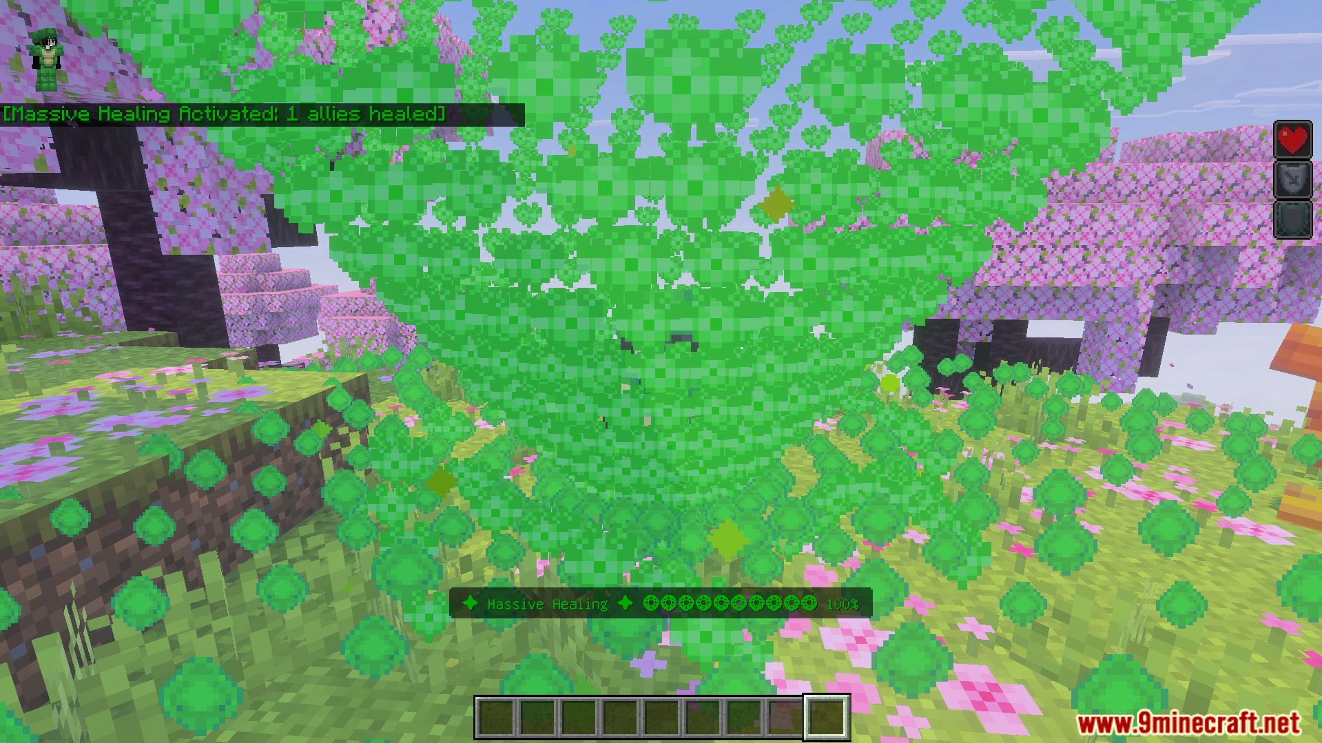 New Armors Overhaul Addon Screenshot 4 Massive healing ability activated with custom green heart shaped geometric particles